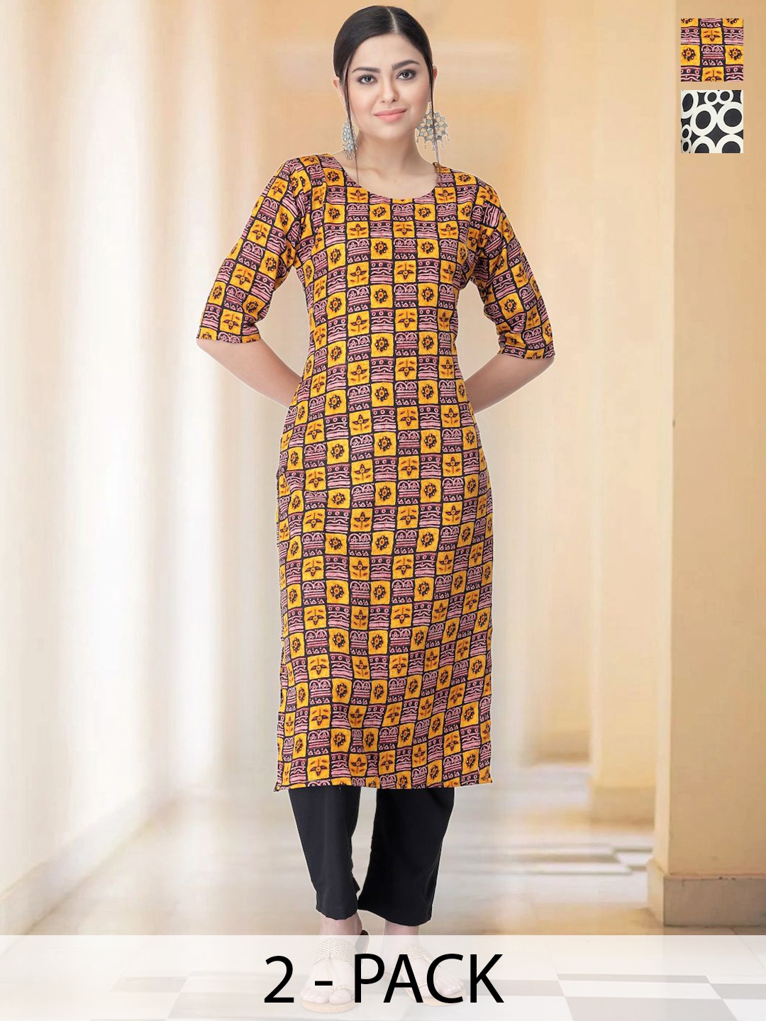 

7Threads Selection Of 2 Ethnic Motifs Printed Round Neck Straight Kurtas With Trousers, Black