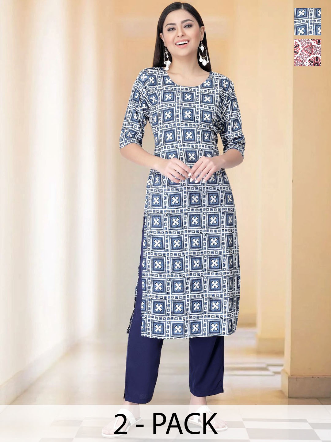 

7Threads Selection Of 2 Geometric Printed Round Neck Straight Kurtas With Trousers, Blue