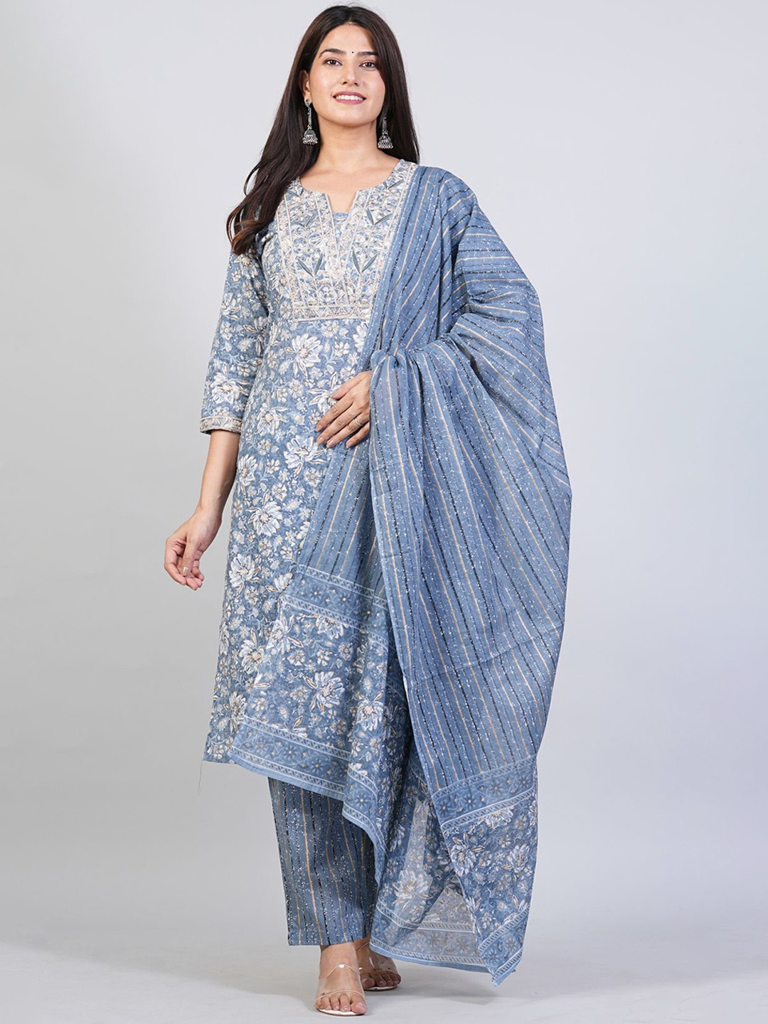 

Kraniky Apparels Floral Printed Notch Neck Pure Cotton Kurta With Trouser And Dupatta, Blue