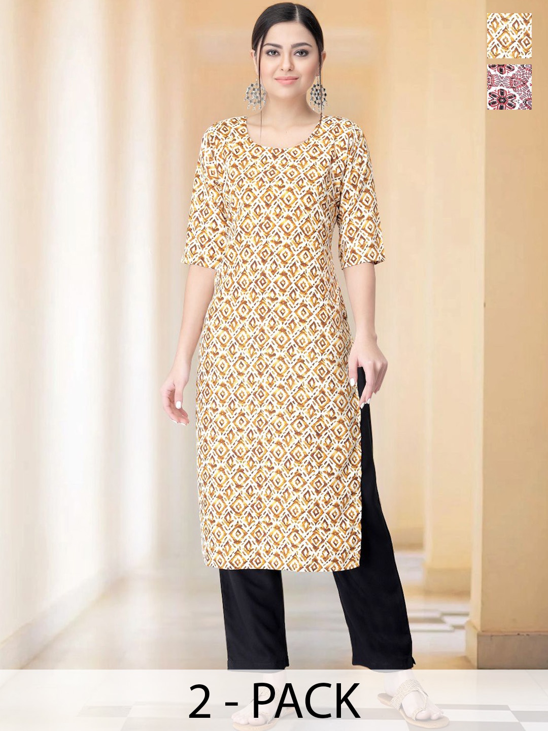 

7Threads Selection of 2 Ethnic Motifs Printed Round Neck Straight Kurtas With Trousers, Mustard