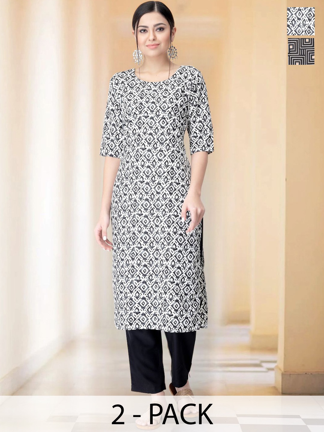 

7Threads Selection Of 2 Ethnic Motifs Printed Round Neck Straight Kurta with Trousers, Black