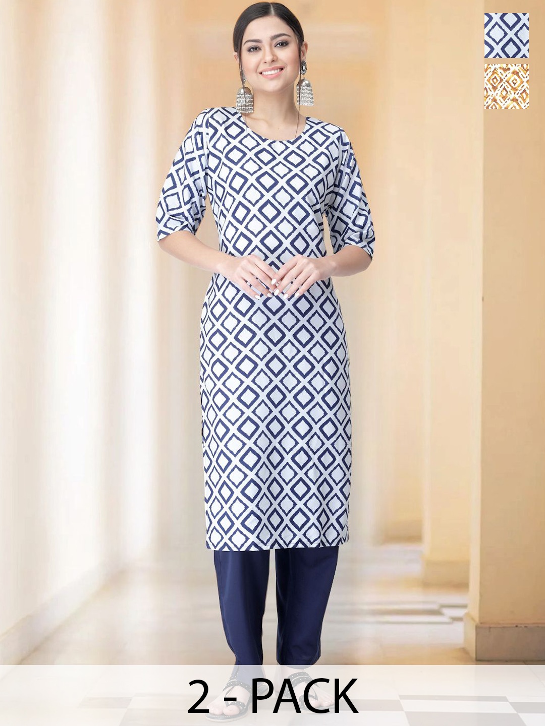 

7Threads Selection Of 2 Geometric Printed Round Neck Straight Kurtas With Trousers, Blue