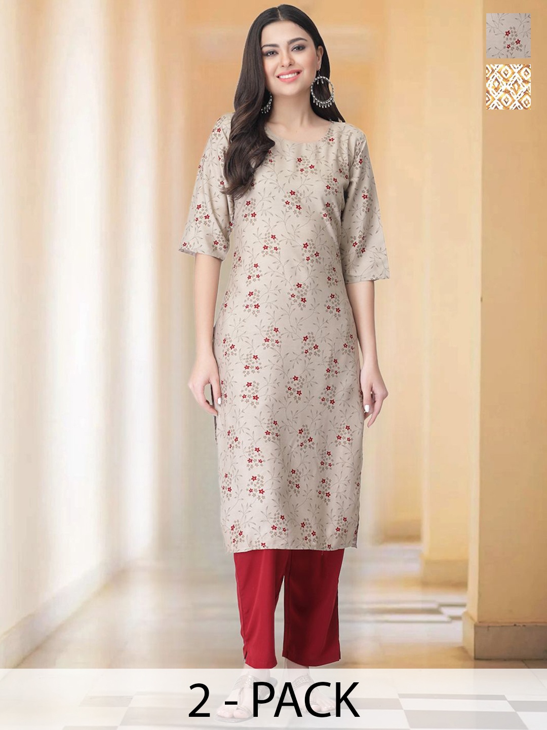 

7Threads Selection of 2 Floral Printed Round Neck Straight Kurtas With Trousers, Beige