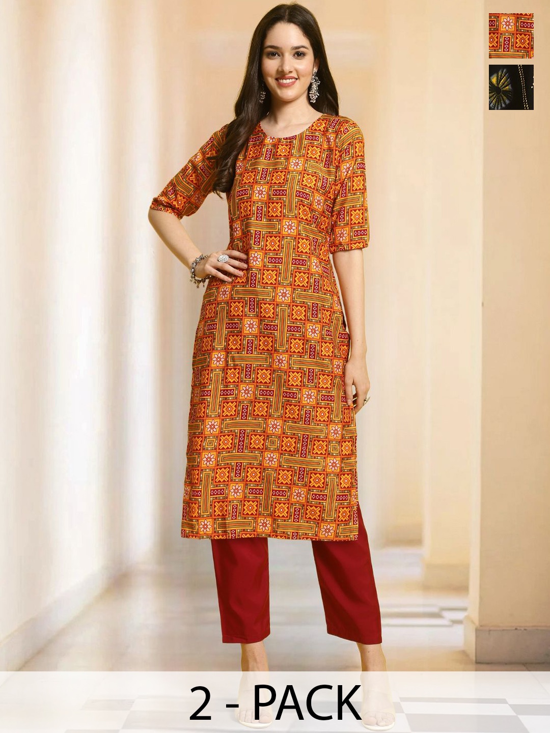 

7Threads Selection of 2 Geometric Printed Round Neck Straight Kurtas With Trousers, Yellow