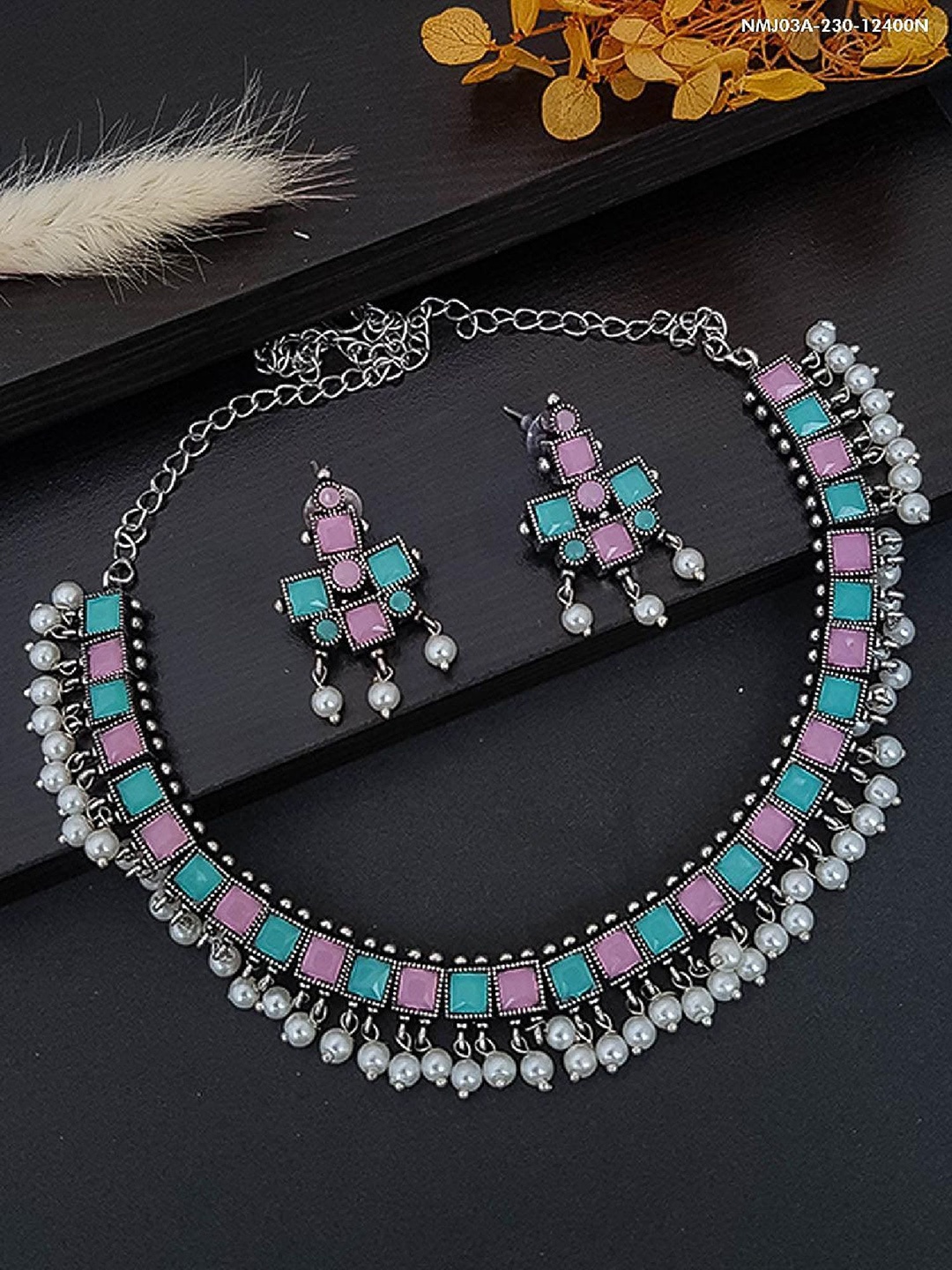 

GRIIHAM Silver Plated German Silver Stone Studded & Beaded Oxidised Jewellery Set