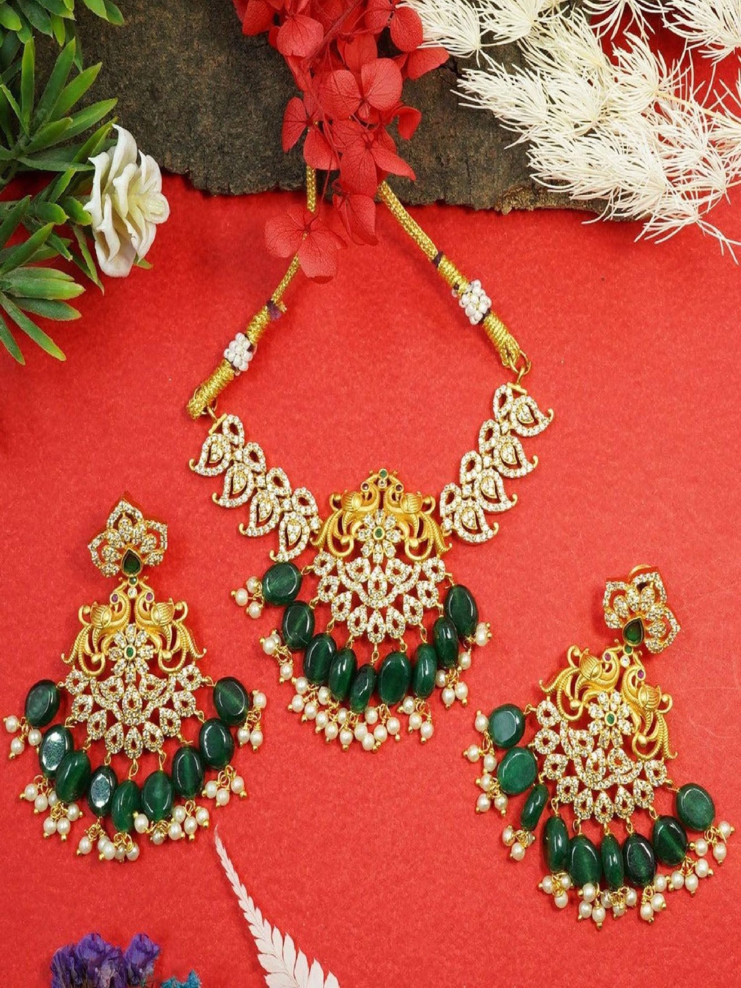 

GRIIHAM Gold Plated CZ, AD Studded & Beaded Temple Choker Jewellery Set