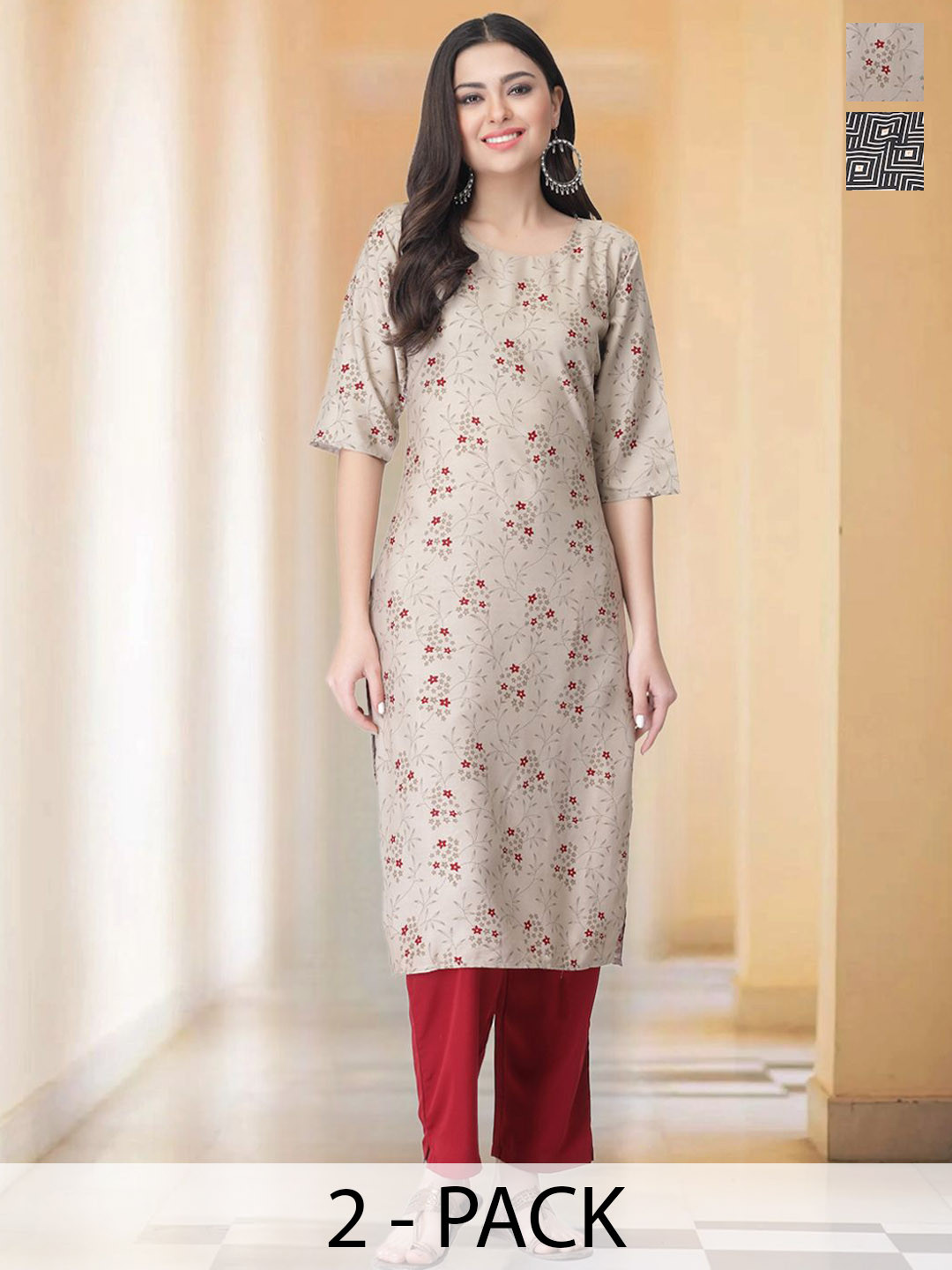 

7Threads Selection Of 2 Floral Printed Round Neck Straight Kurtas With Trousers, Beige