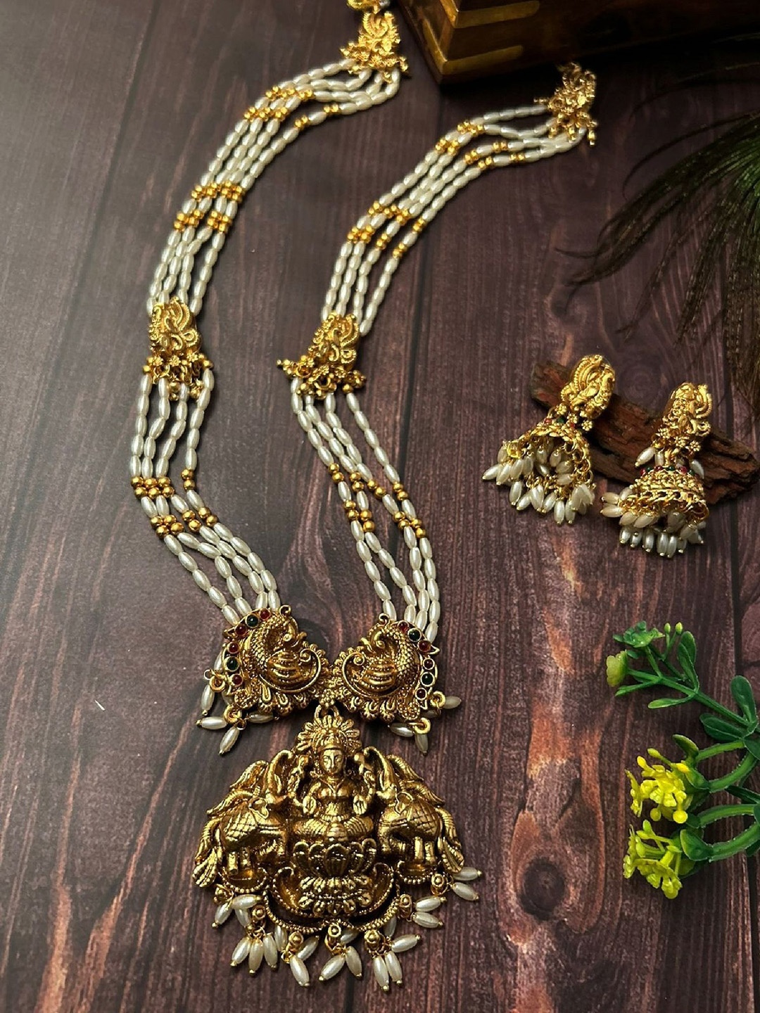 

GRIIHAM Gold Plated CZ Studded & Pearls Beaded Long Temple Hara Jewellery Set