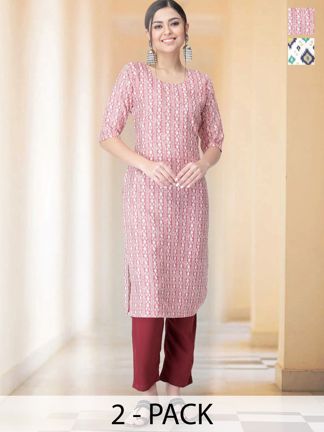 

7Threads Selection Of 2 Geometric Printed Round Neck Straight Kurta With Trousers, White