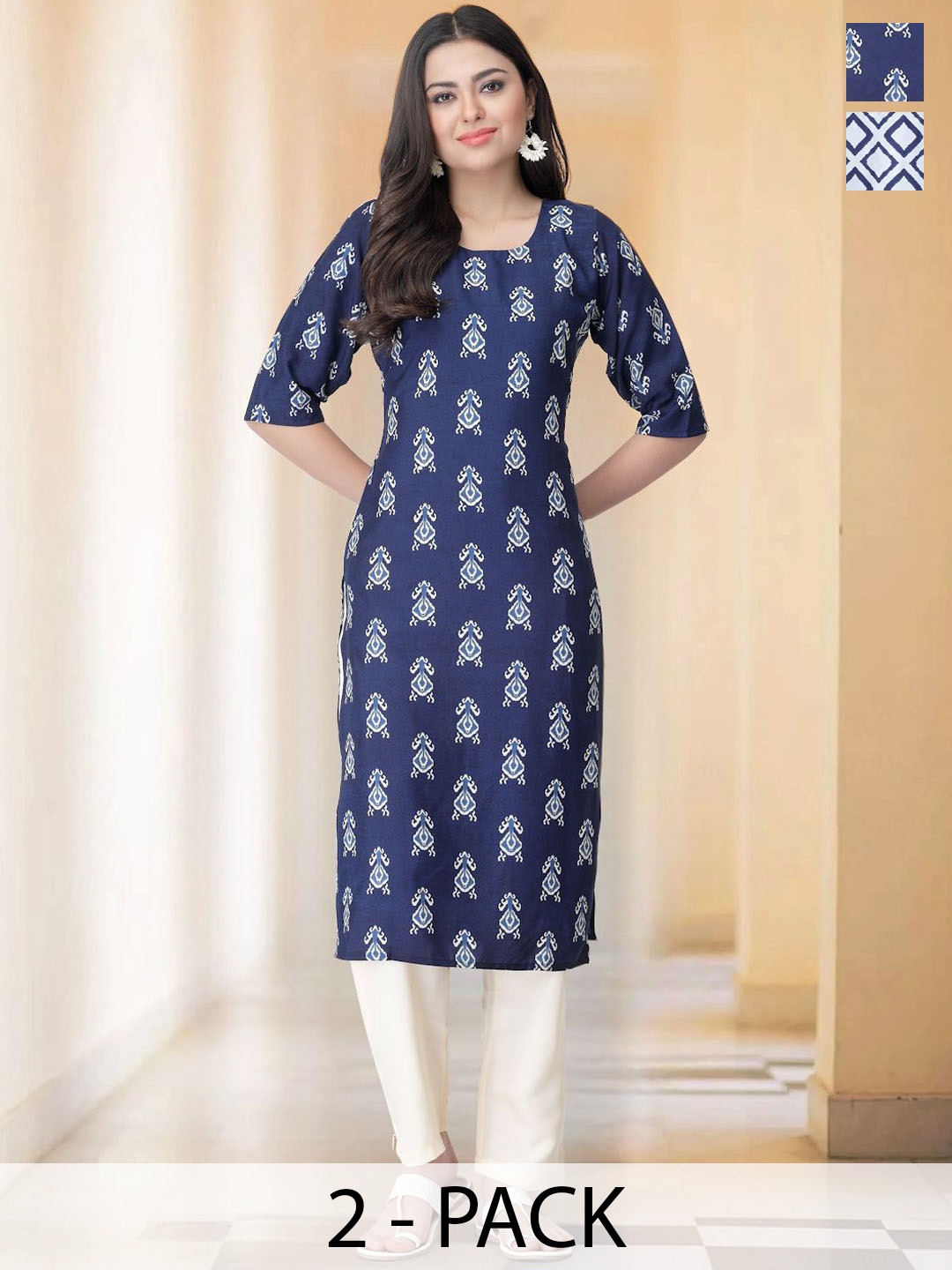 

7Threads Selection Of 2 Ethnic Motifs Printed Round Neck Straight Kurta With Trousers, Blue