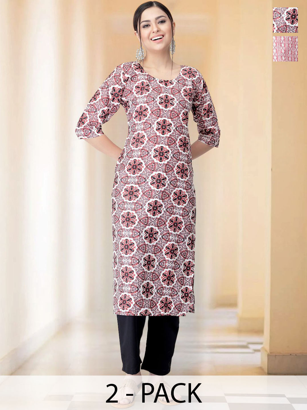 

7Threads Selection Of 2 Ethnic Motifs Printed Round Neck Straight Kurtas With Trousers, White