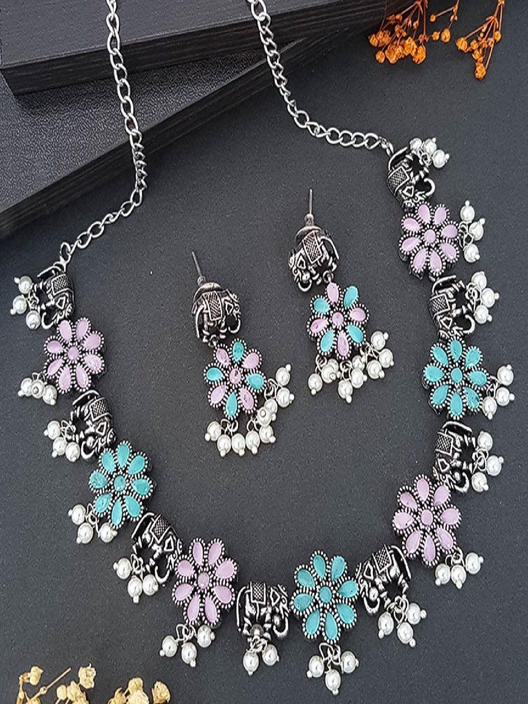 

GRIIHAM Silver-Plated German Silver Stone-Studded & Beaded Oxidised Jewellery Set