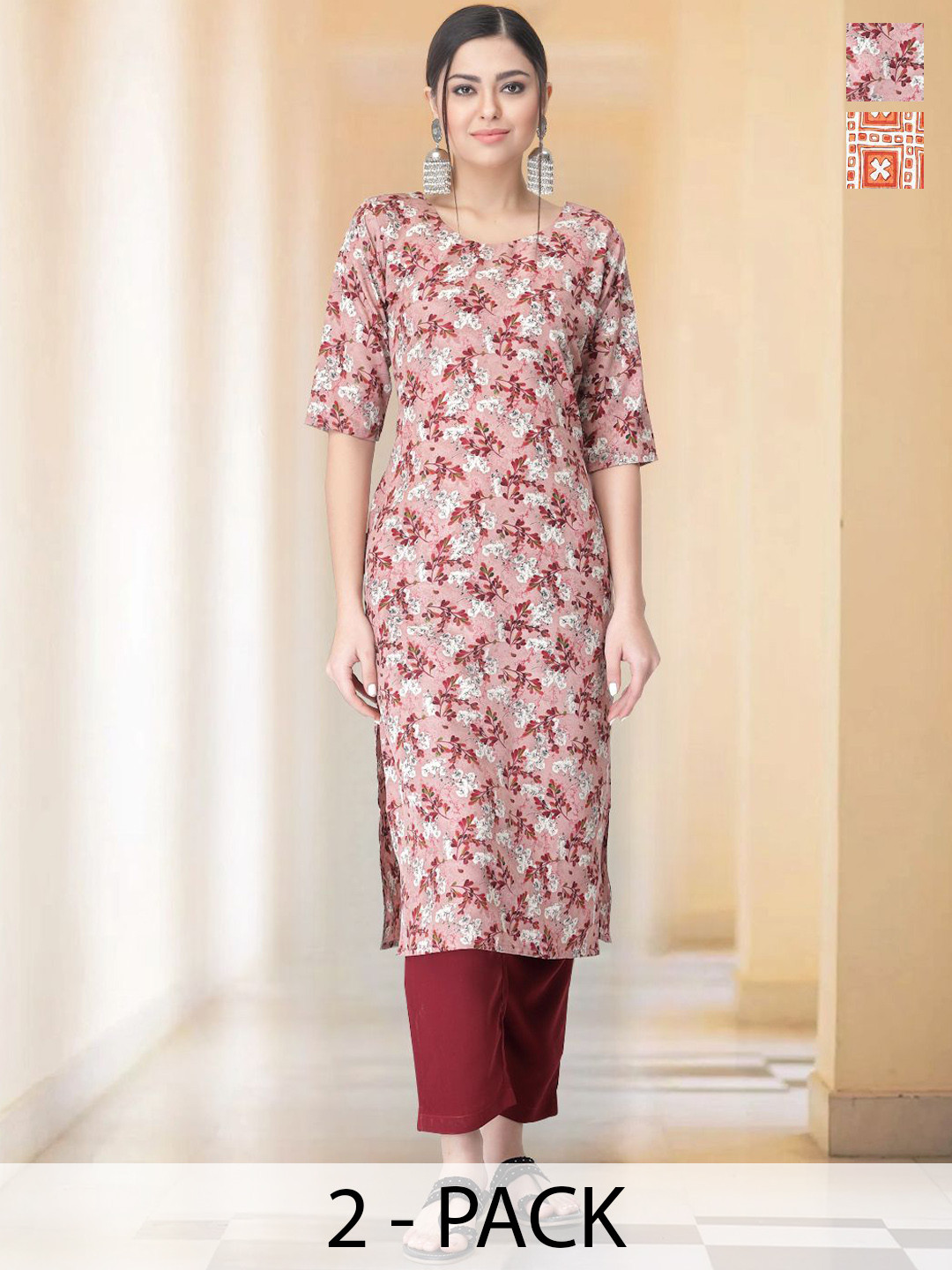 

7Threads Selection Of 2 Floral Printed Round Neck Straight Kurtas With Trousers, Orange