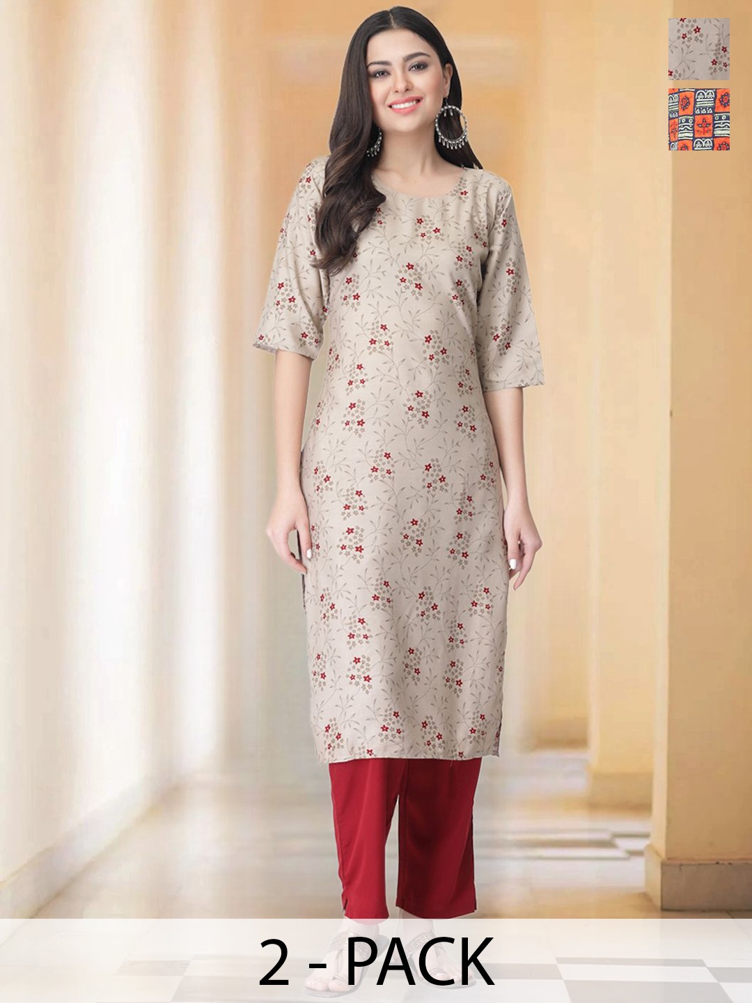

7Threads Selection Of 2 Floral Printed Round Neck Straight Kurtas With Trousers, Beige
