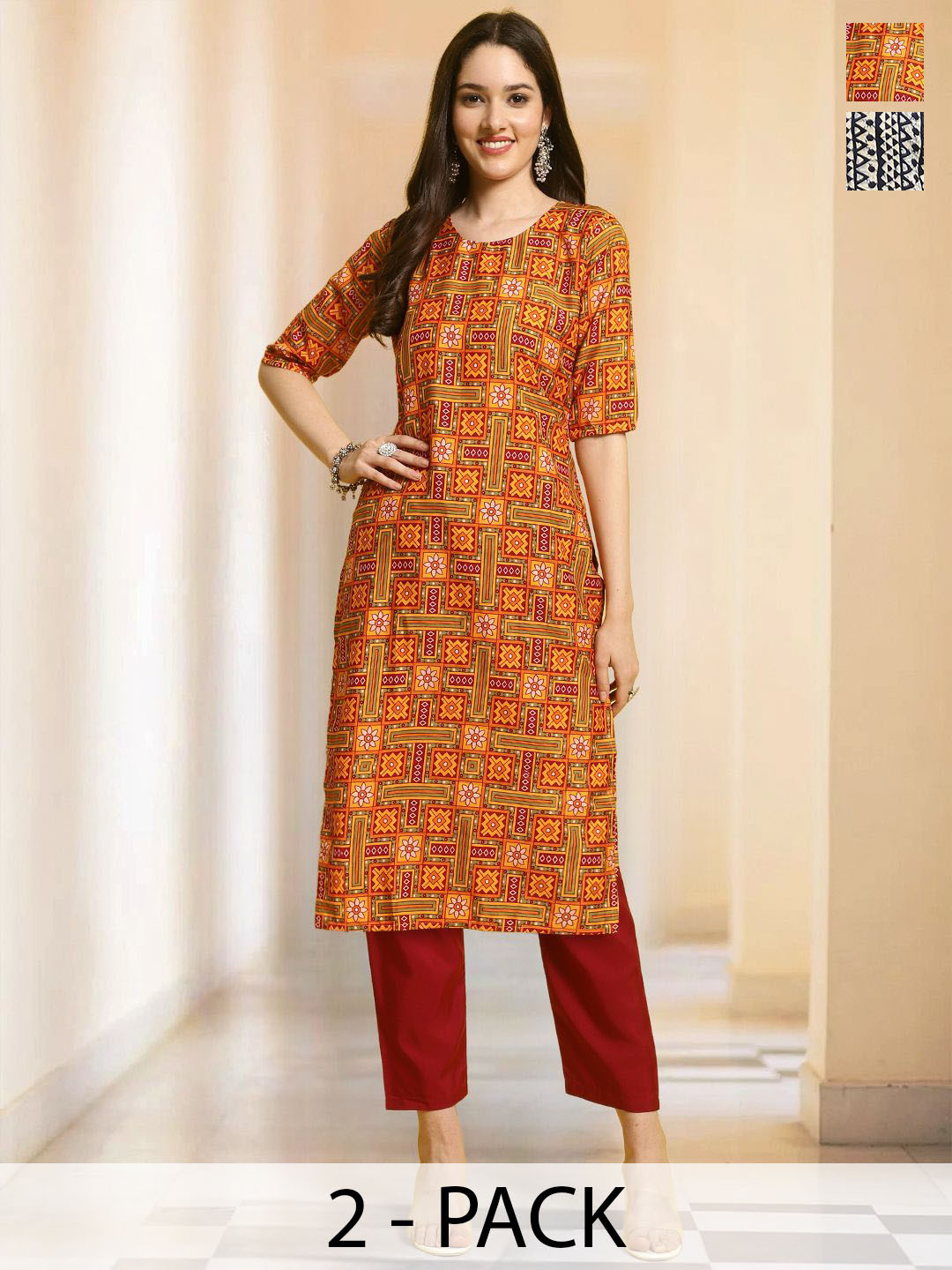 

7Threads Selection Of 2 Ethnic Motifs Printed Round Neck Straight Kurta With Trousers, Yellow