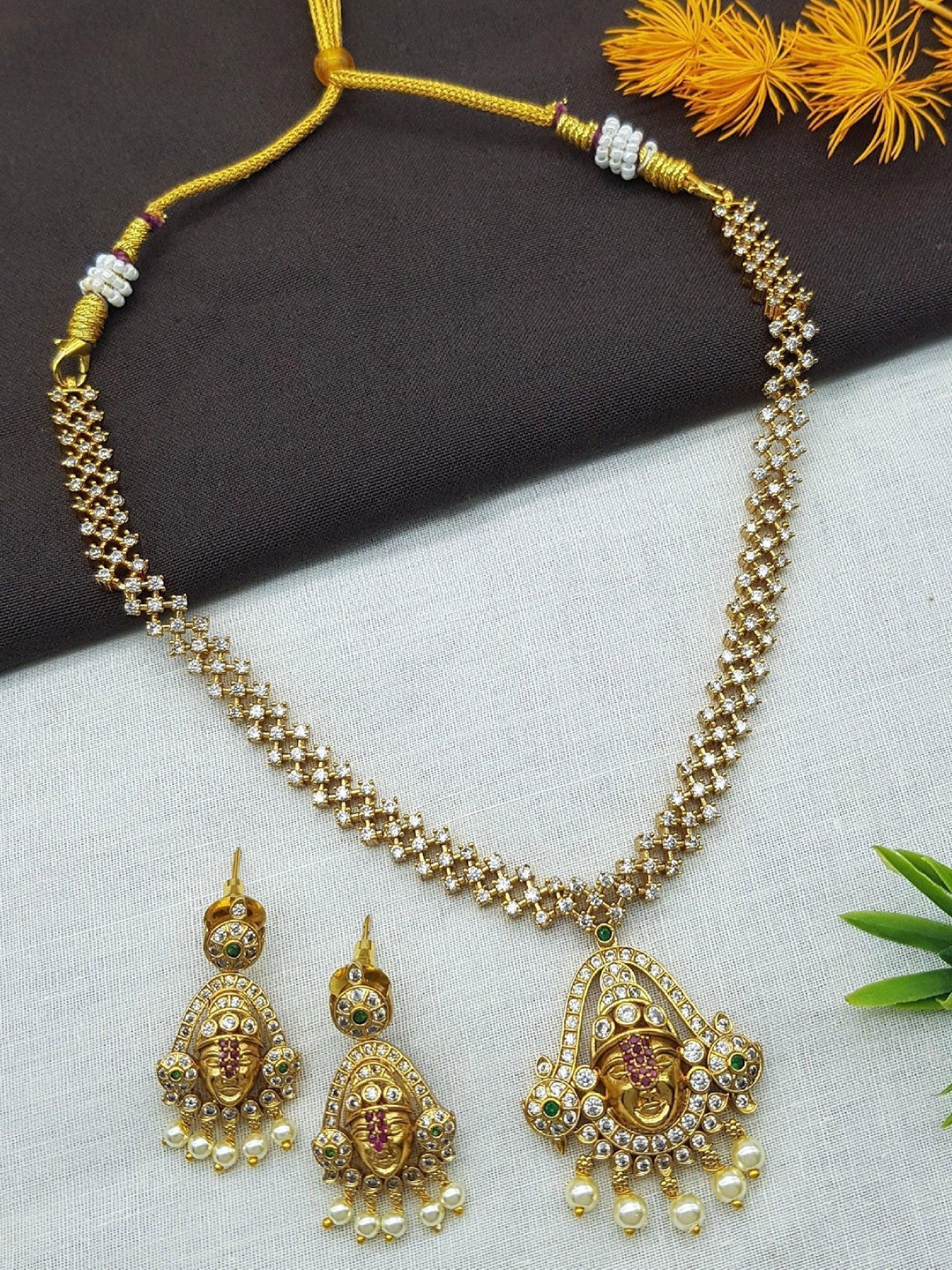 

GRIIHAM Premium Antique Gold Plated CZ Studded & Beaded Venkateswara Goddess Jewellery Set