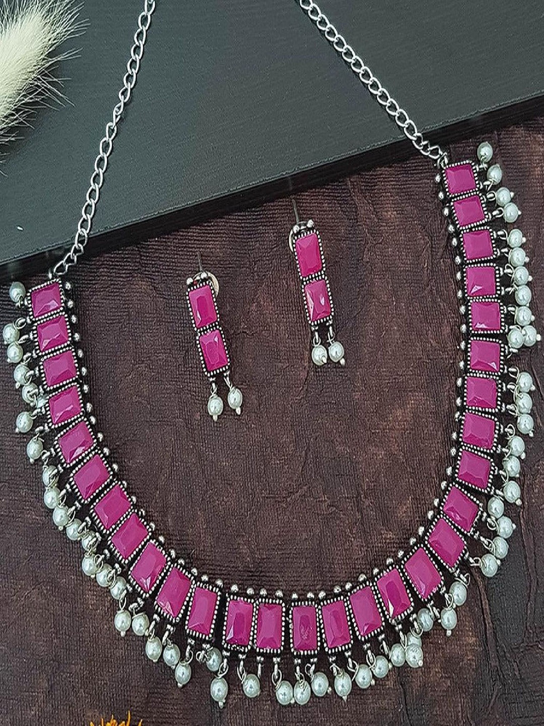 

GRIIHAM Silver Plated German Silver Stone Studded & Beaded Oxidised Jewellery Set