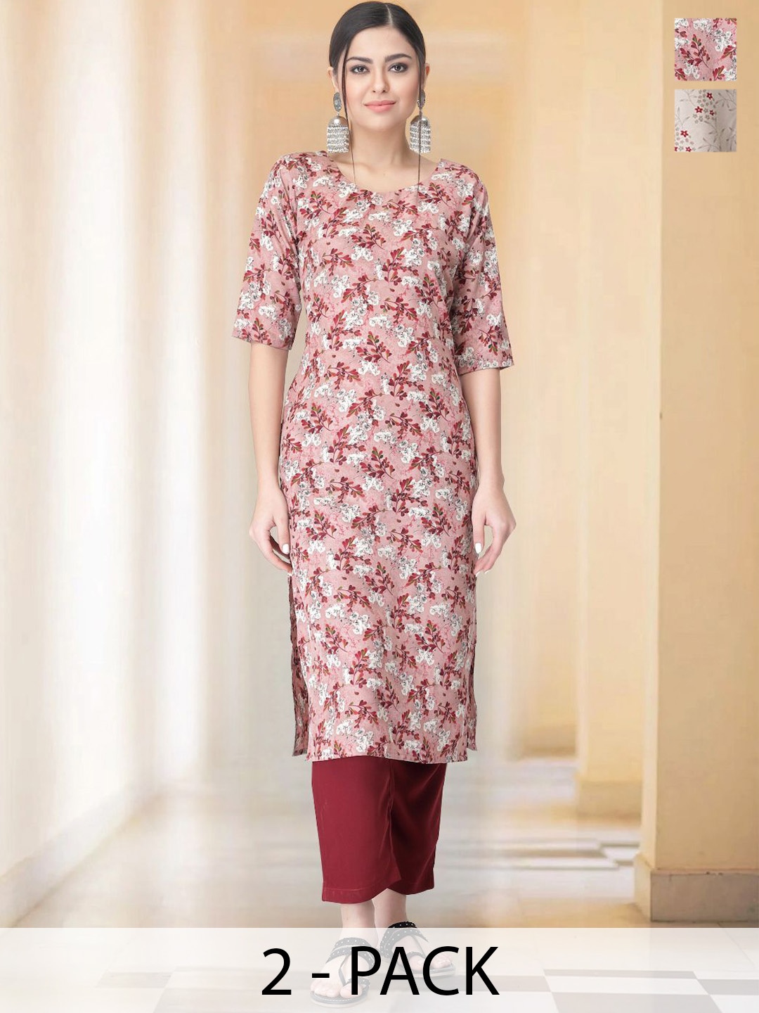 

7Threads Selection Of 2 Floral Printed Round Neck Straight Kurtas with Trousers, Pink