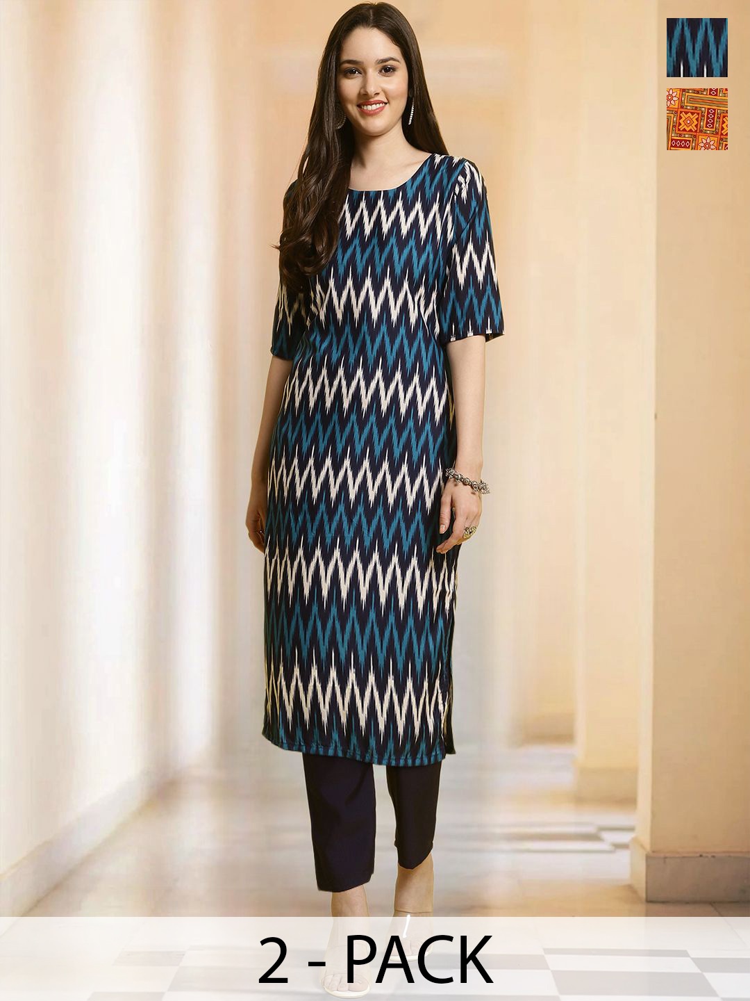

7Threads Selection Of 2 Chevron Printed Round Neck Straight Kurta With Trousers, Black