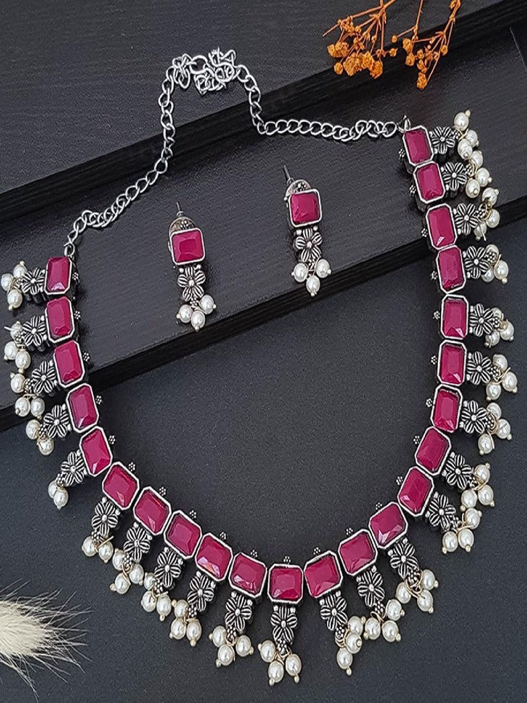 

GRIIHAM German Silver Plated Stones Studded & Pearls Beaded Oxidised Jewellery Set