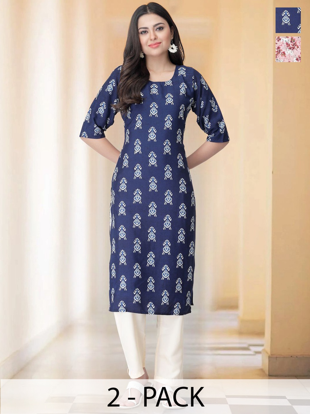 

7Threads Selection Of 2 Ethnic Motifs Printed Round Neck Straight Kurta With Trousers, Navy blue