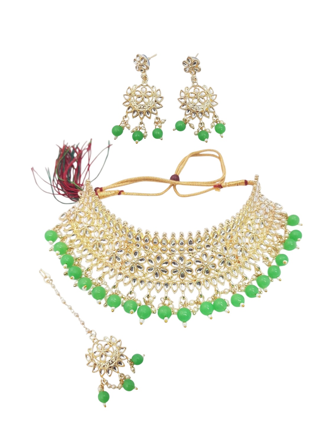 

GRIIHAM Gold-Plated American Diamond Stone-Studded & Beaded Antique Jewellery Set