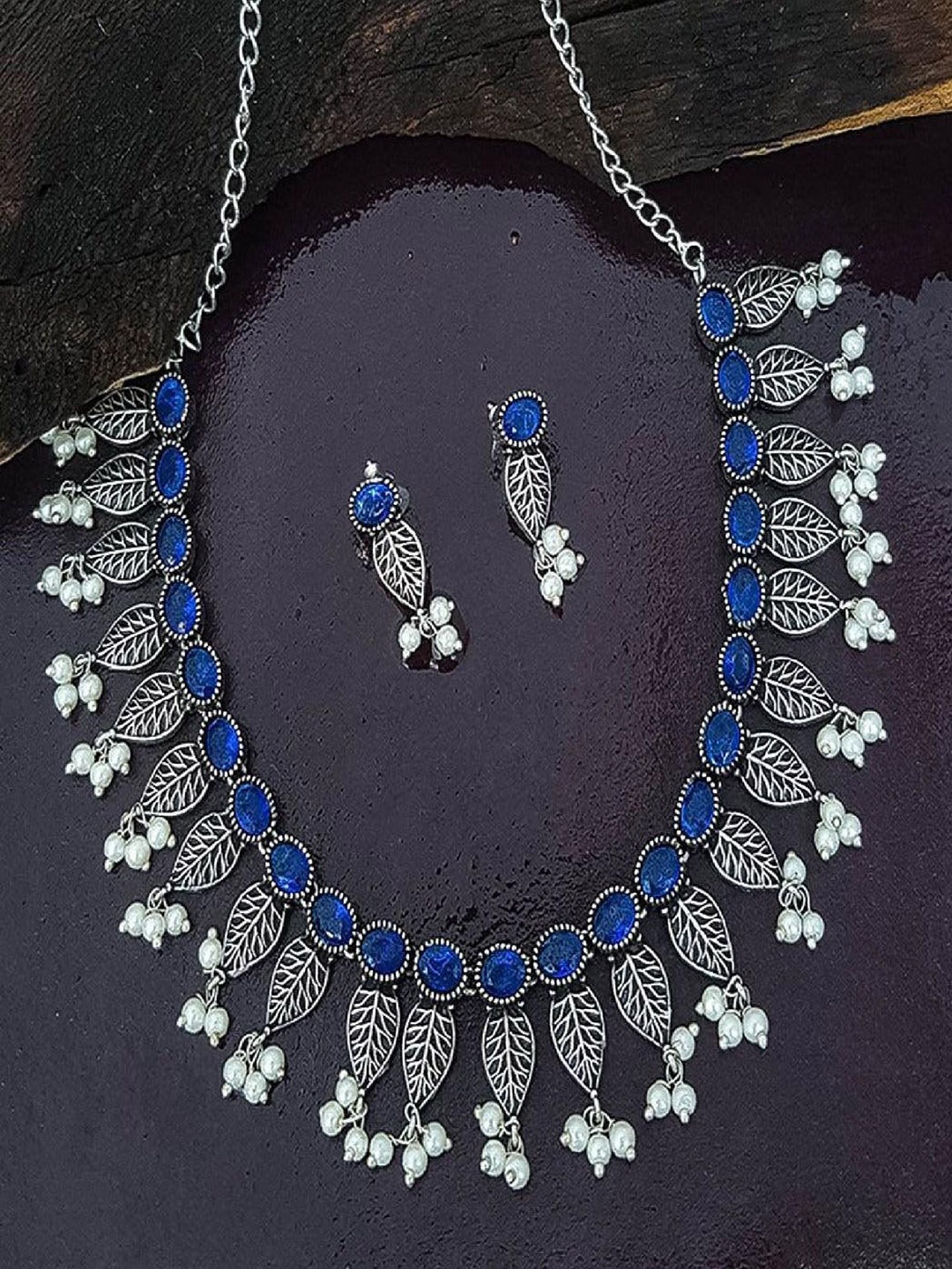 

GRIIHAM Silver-Plated Stone-Studded & Beaded Oxidised Jewellery Set