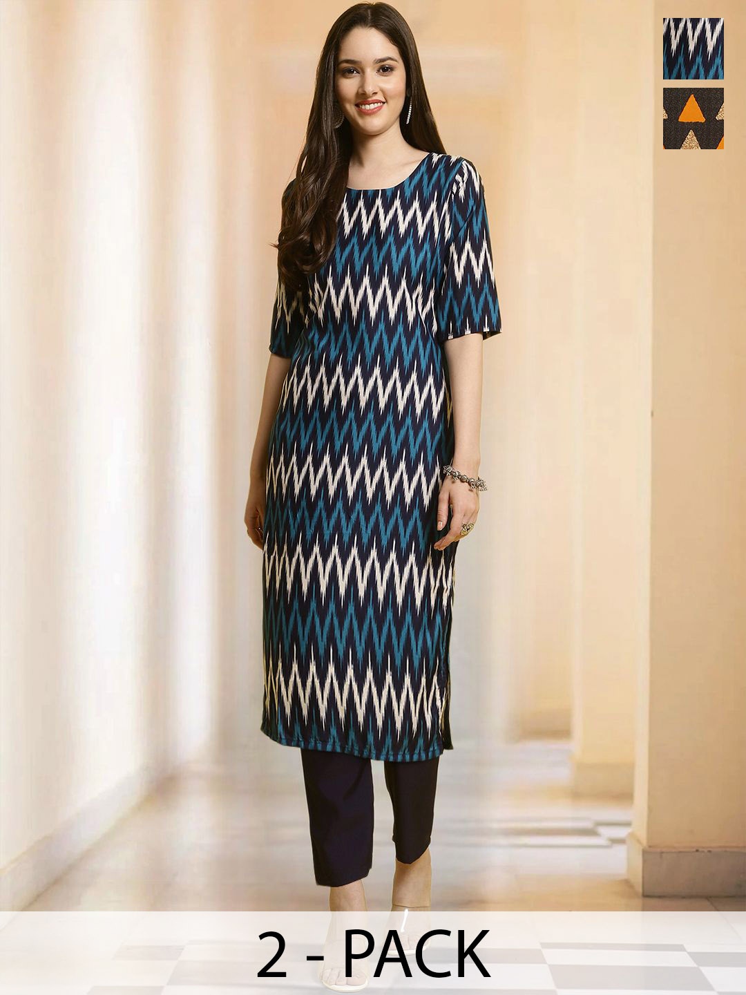 

7Threads Selection Of 2 Chevron Printed Straight Kurtas With Trousers, Black