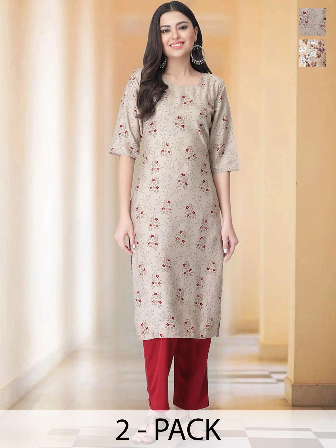 

7Threads Selection Of 2 Floral Printed Straight Kurtas With Trousers, Beige