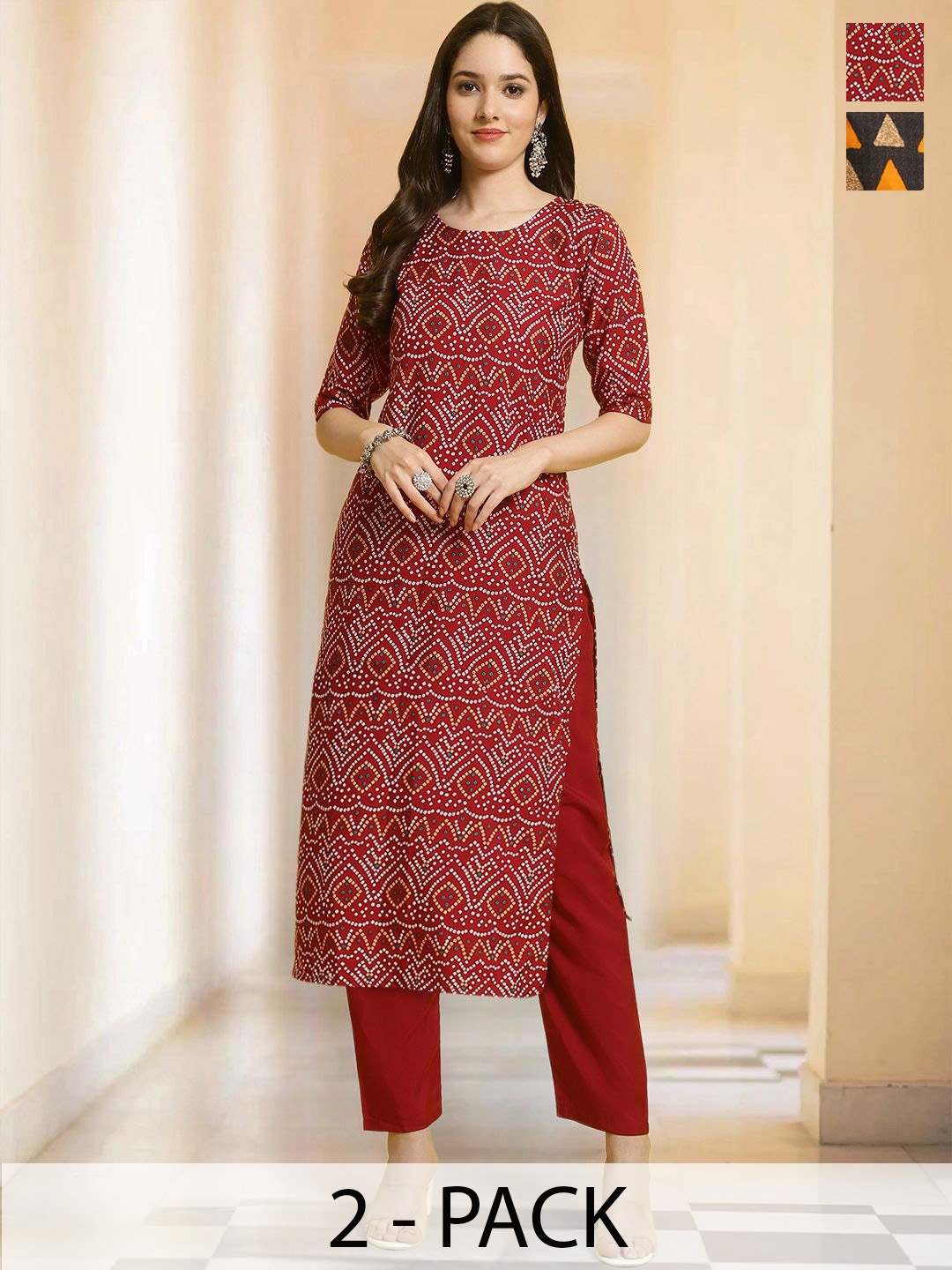 

7Threads Selection Of 2 Bandhani Printed Round Neck Straight Kurta With Trousers, Maroon