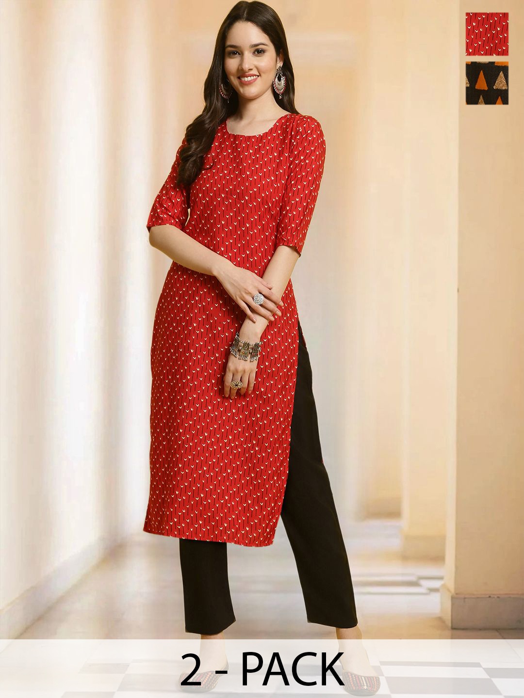 

7Threads Selection Of 2 Floral Printed Round Neck Straight Kurtas With Trousers, Yellow