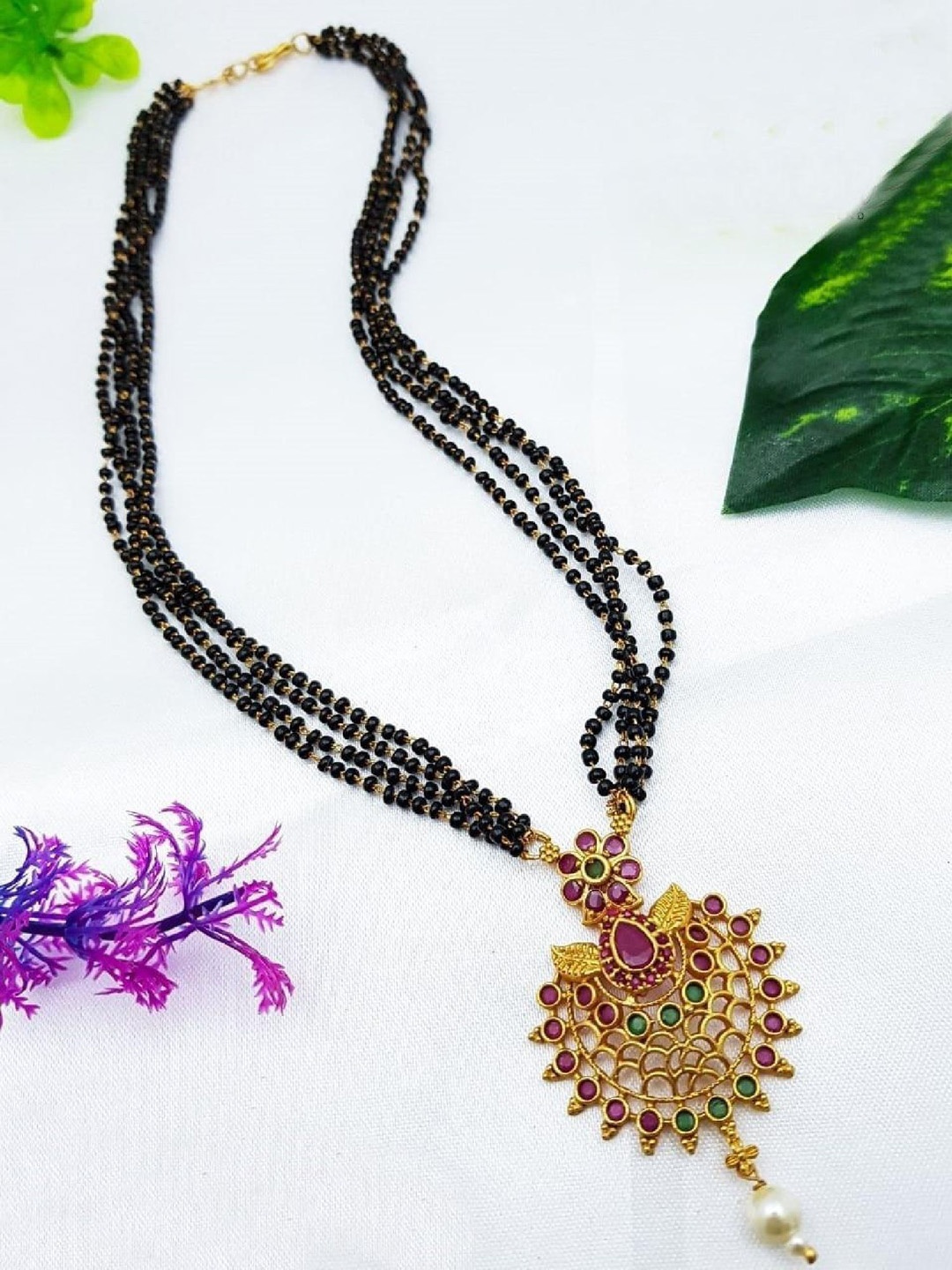 

GRIIHAM Gold-Plated Stone Studded & Beaded Four layer Mangalsutra