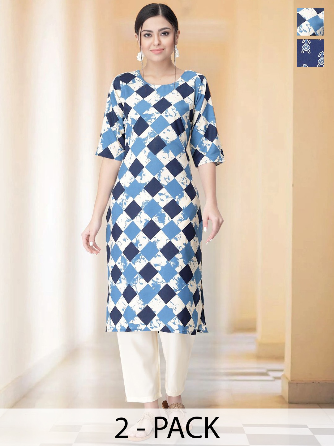 

7Threads Selection Of 2 Geometric Printed Round Neck Straight Kurtas With Trousers, White