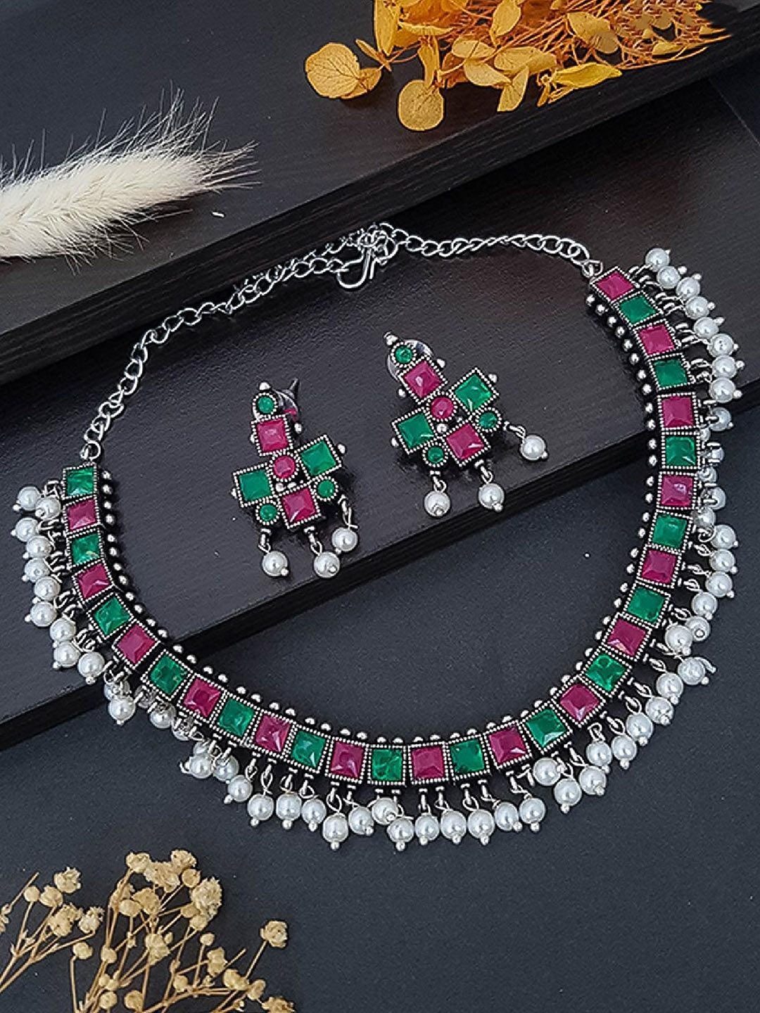 

GRIIHAM Silver-Plated Stone-Studded & Beaded Oxidised Necklace and Earrings