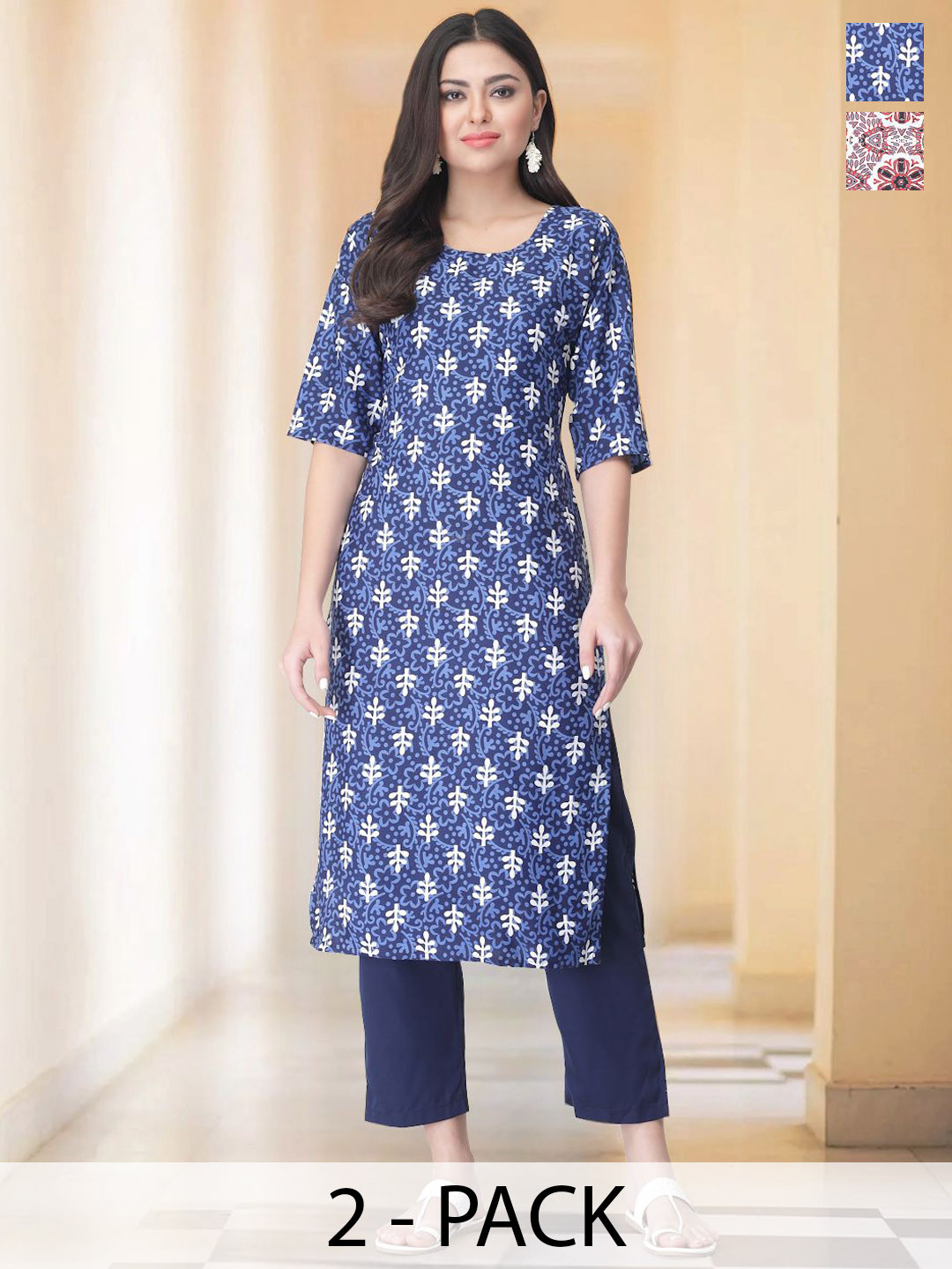 

7Threads Selection Of 2 Floral Printed Round Neck Straight Kurtas With Trousers, Navy blue