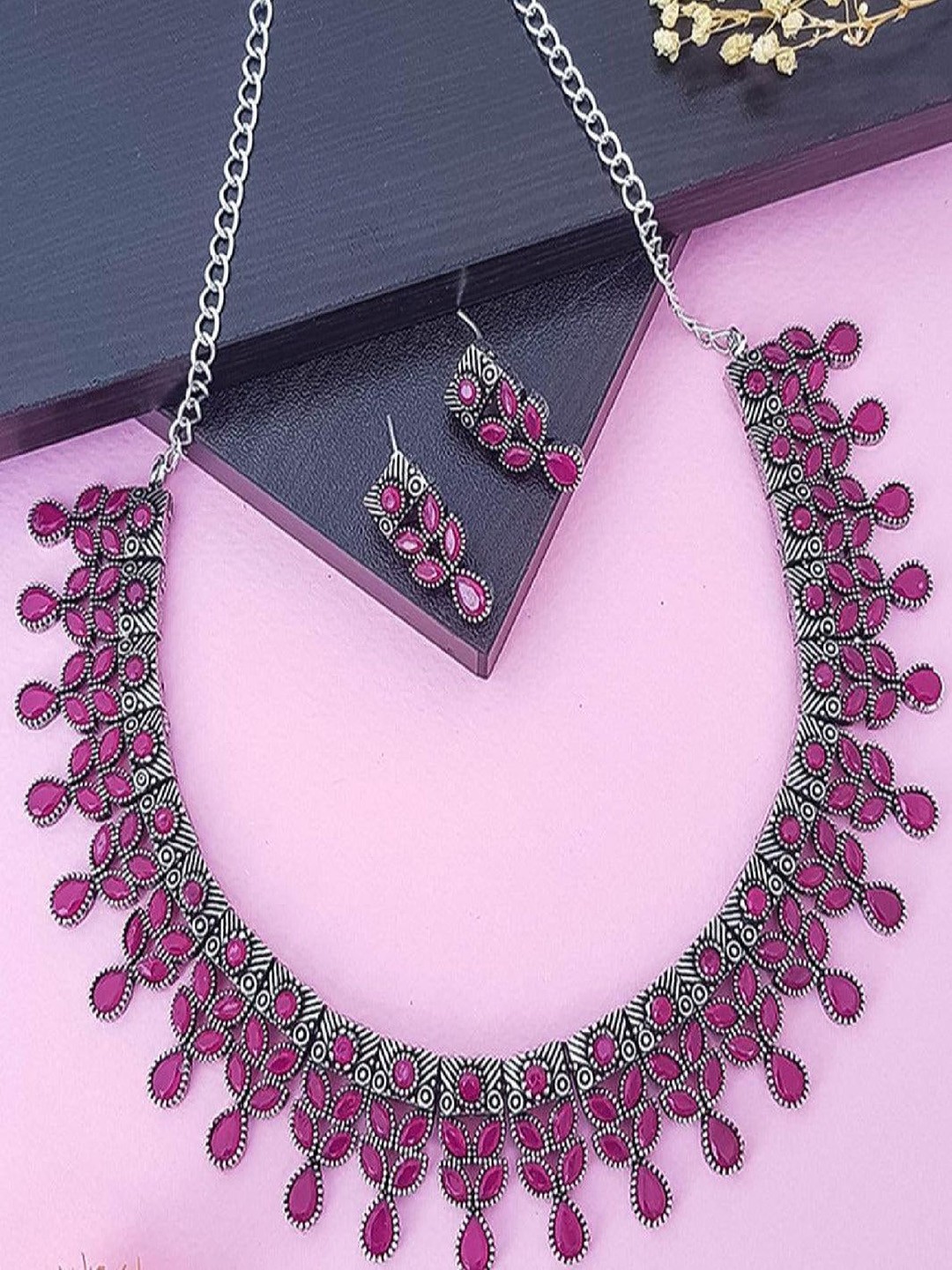 

GRIIHAM Silver-Plated Stone-Studded Oxidised Jewellery Set