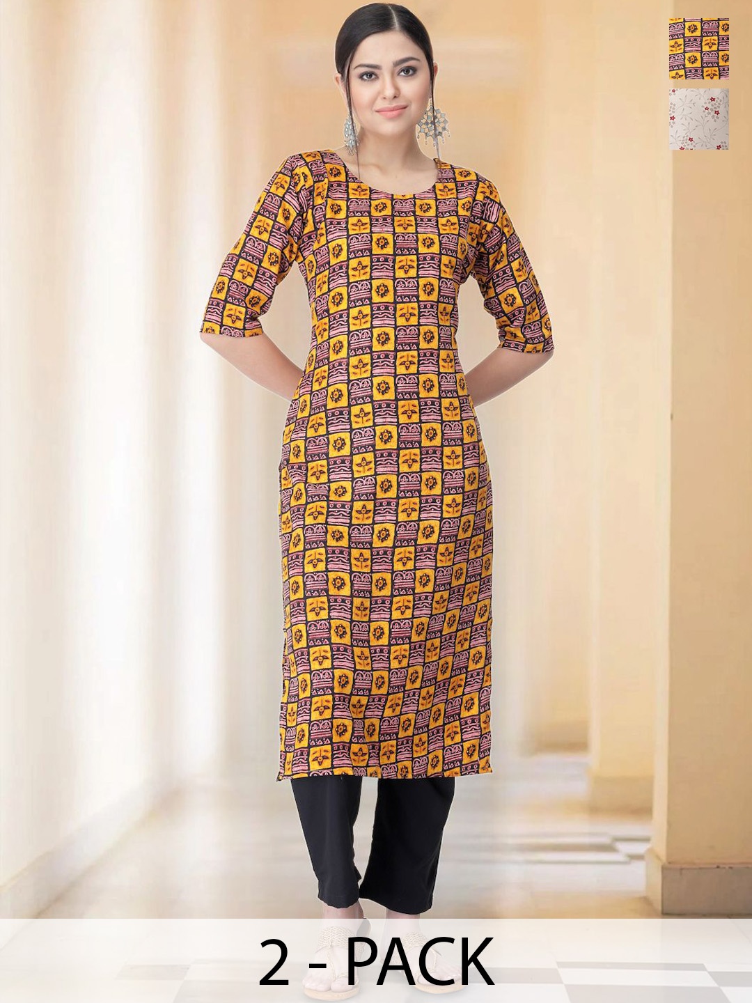 

7Threads Selection of 2 Ethnic Motifs Printed Round Neck Straight Kurtas With Trousers, Black