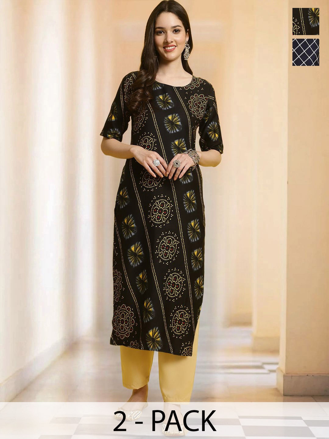 

7Threads Selection Of 2 Ethnic Motifs Printed Round Neck Straight Kurta With Trousers, Black