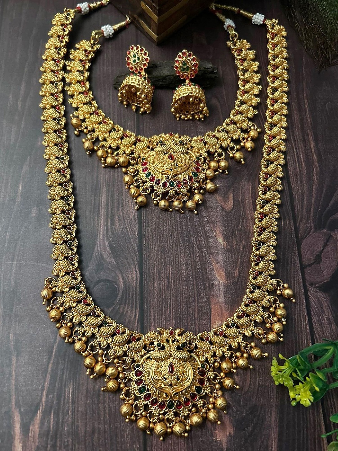 

GRIIHAM Gold-Plated Cubic Zirconia Stone-Studded & Beaded Laxmi Antique Jewellery Set