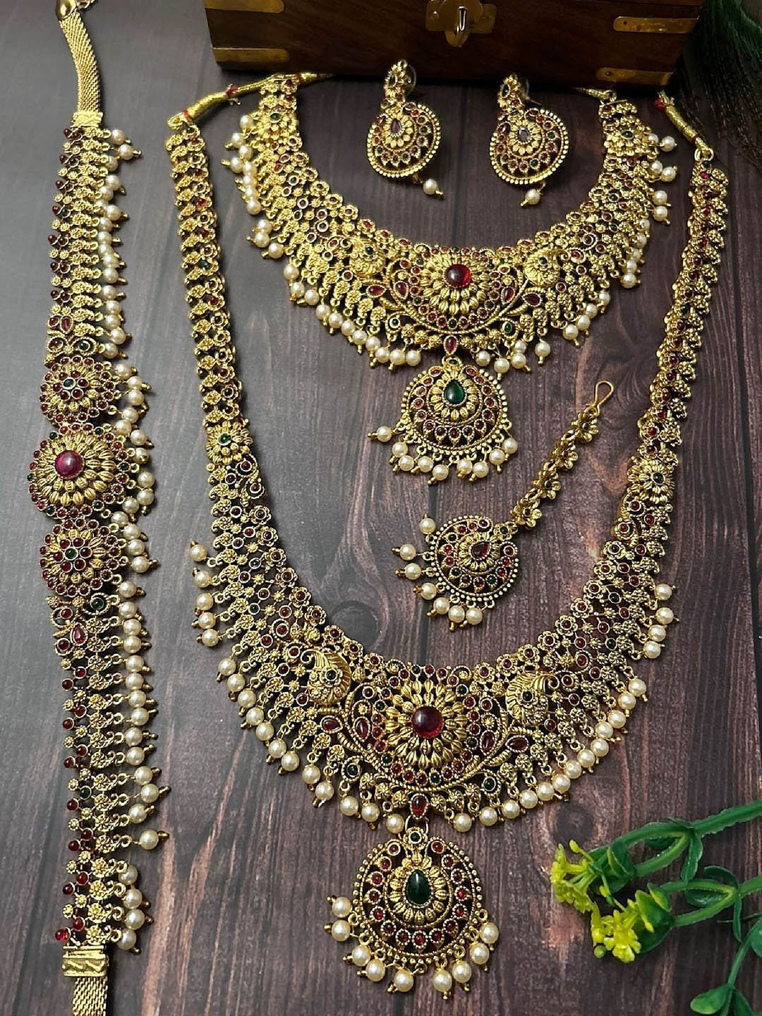 

GRIIHAM Gold-Plated Cubic Zirconia Stone-Studded & Beaded Temple Gold Finish Jewellery Set