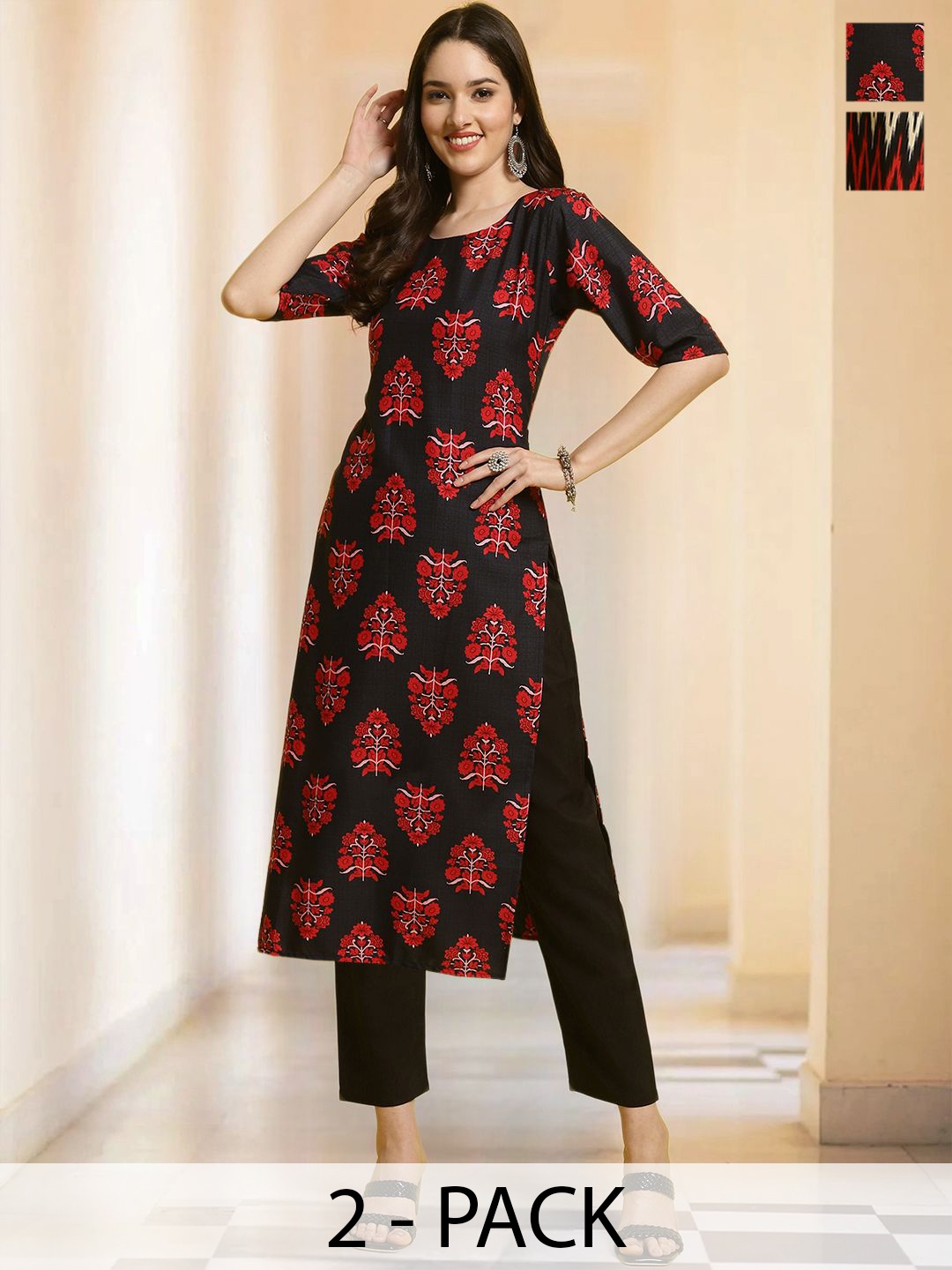 

7Threads Selection Of 2 Floral Printed Straight Kurtas with Trousers, Black