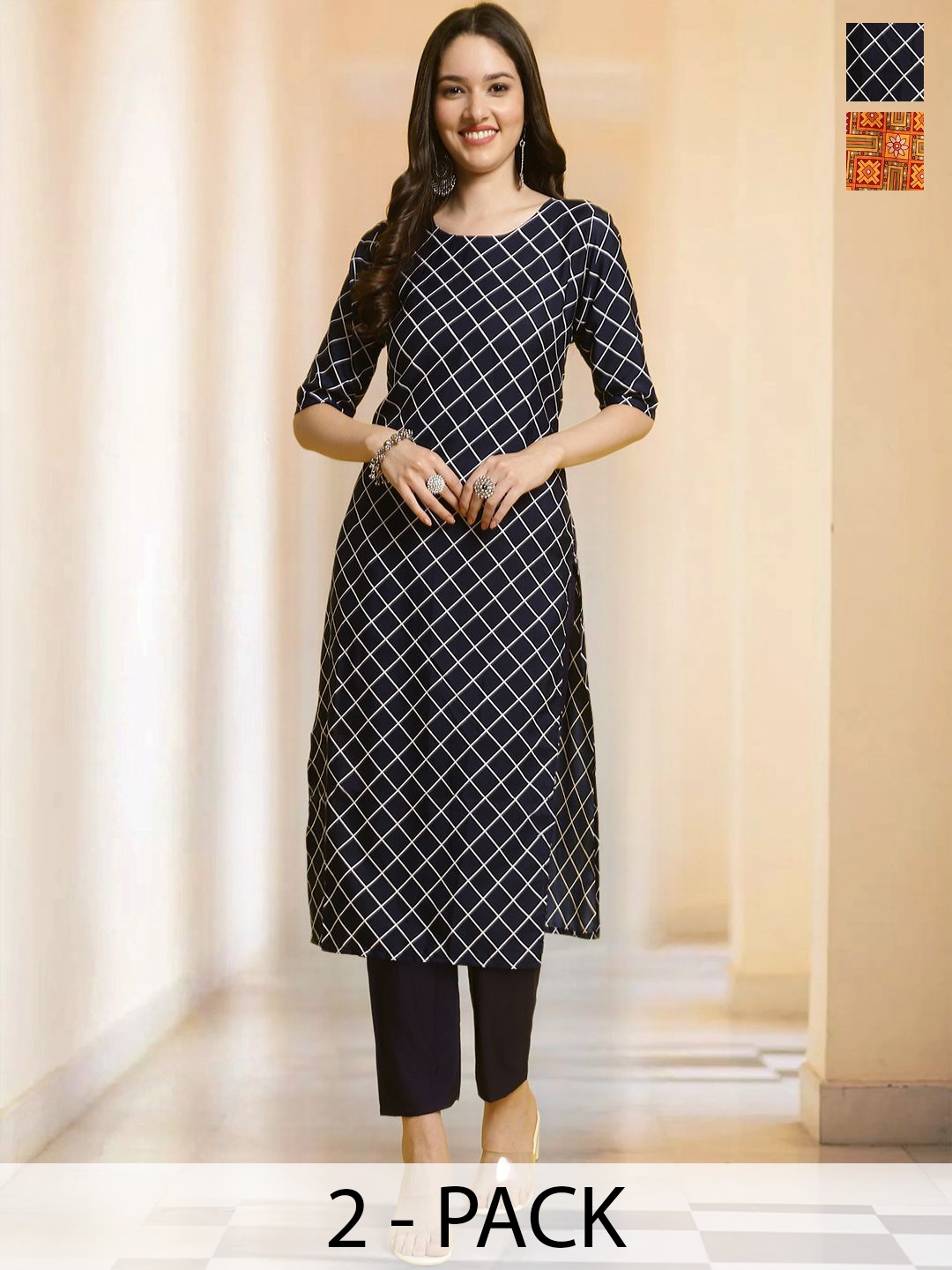 

7Threads Selection Of 2 Checked Round Neck Straight Kurta With Trousers, Black