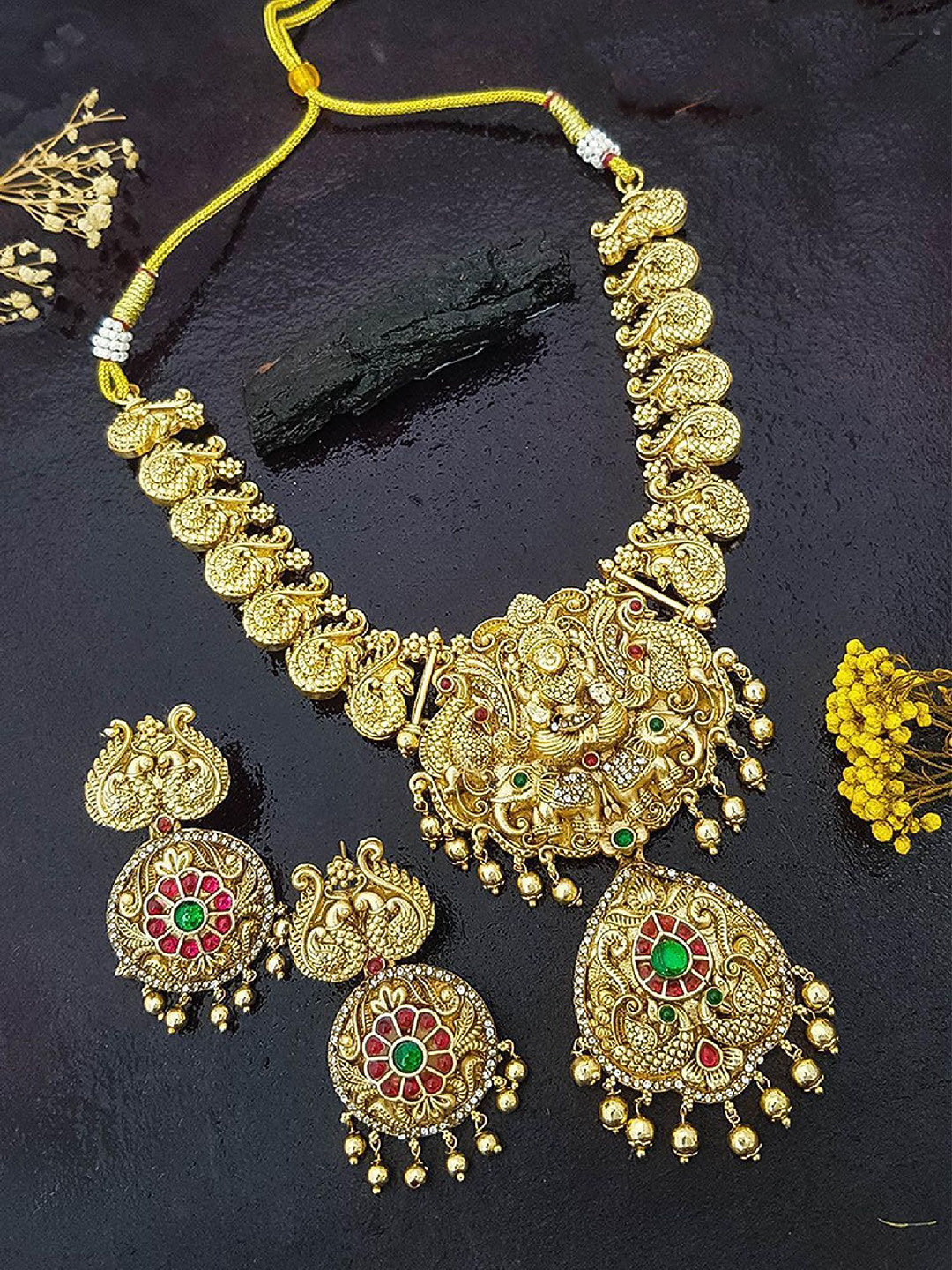 

GRIIHAM Gold-Plated American Diamond Stone-Studded & Beaded Temple Antique Jewellery Set