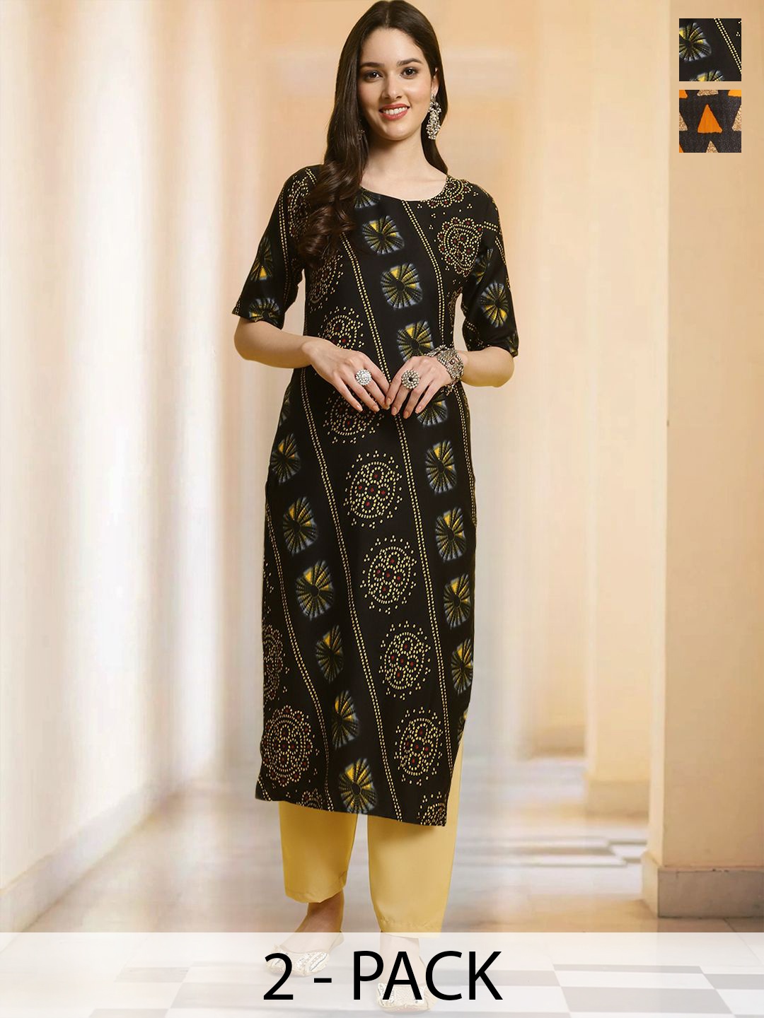 

7Threads Selection Of 2 Ethnic Motifs Printed Round Neck Straight kurta With Trousers, Black