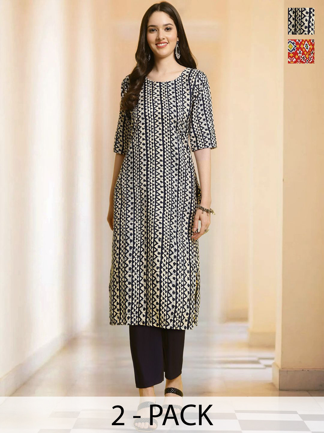 

7Threads Selection Of 2 Ethnic motifs Printed Round Neck Straight Kurta With Trousers, Black