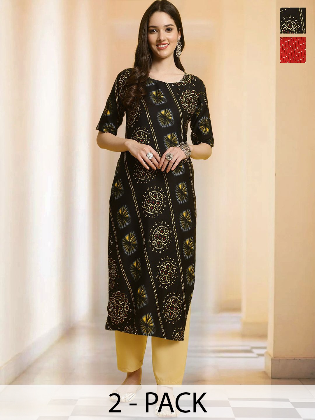 

7Threads Selection Of 2 Ethnic Motifs Printed Straight Kurtas With Trousers, Black