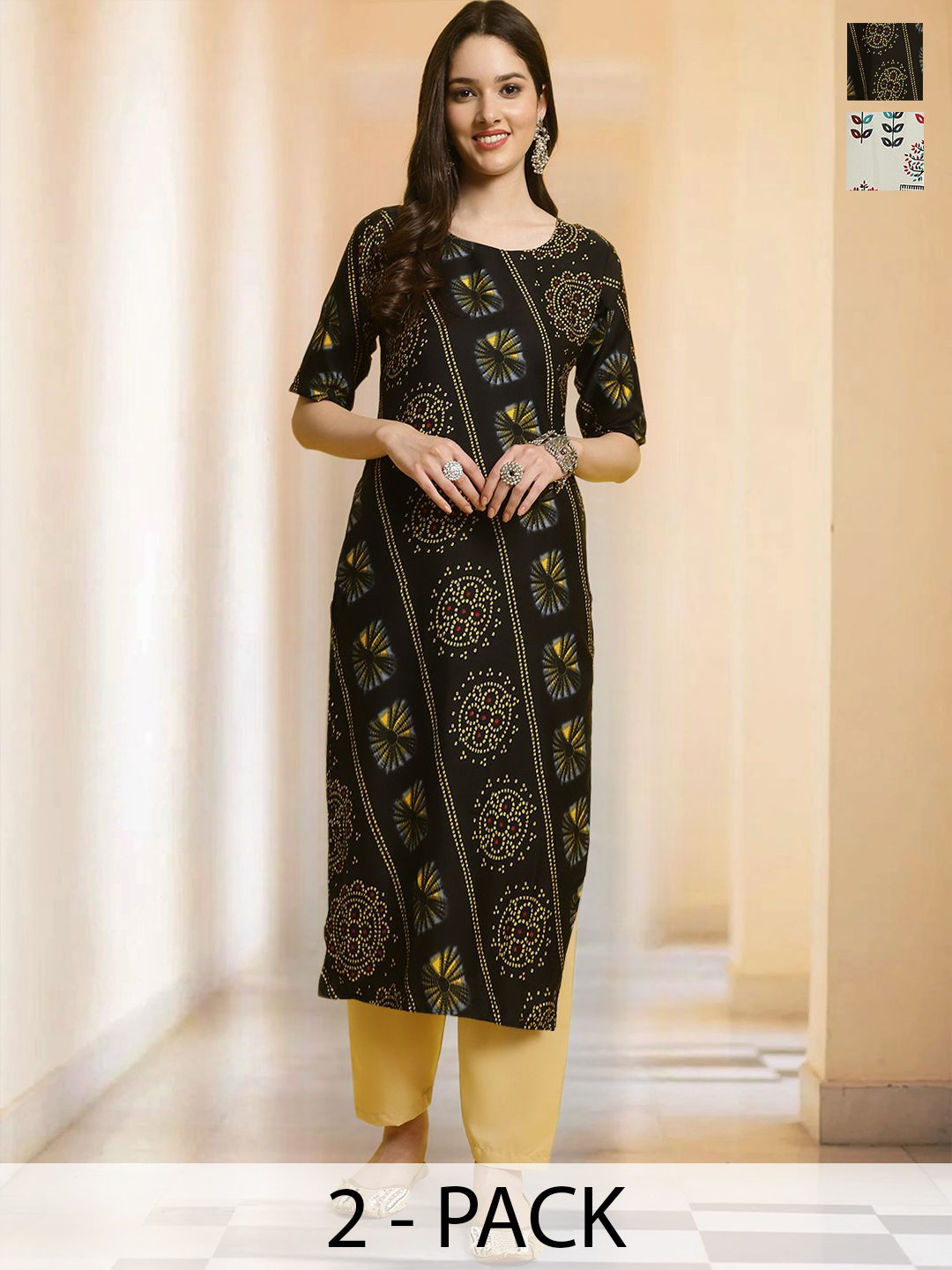 

7Threads Selection Of 2 Bandhani Printed Round Neck Straight Kurta With Trousers, Black