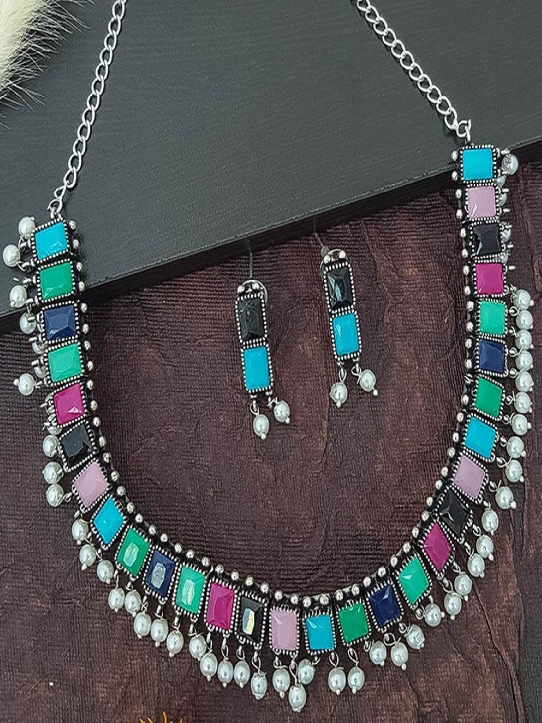 

GRIIHAM German Silver-Plated Stone-Studded & Beaded Oxidised Jewellery Set