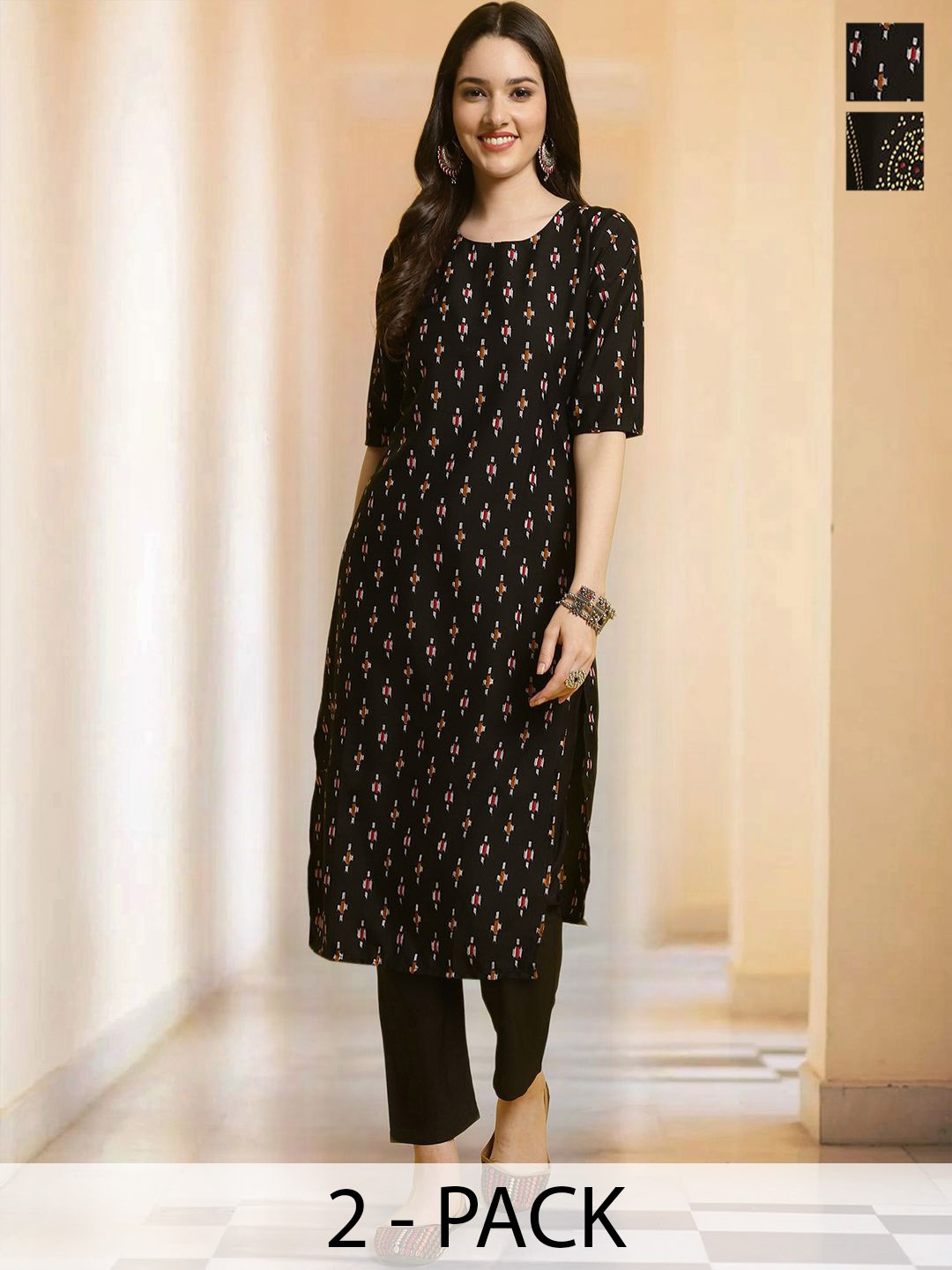 

7Threads Selection Of 2 Bandhani Printed Round Neck Straight Kurtas With Trousers, Black