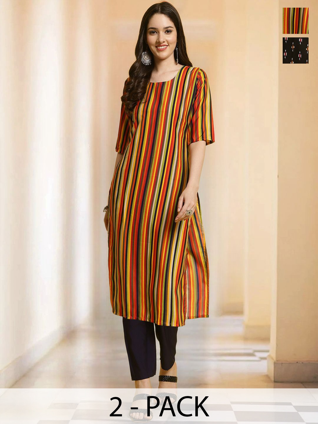

7Threads Selection Of 2 Geometric Printed Round Neck Straight Kurtas With Trousers, Yellow